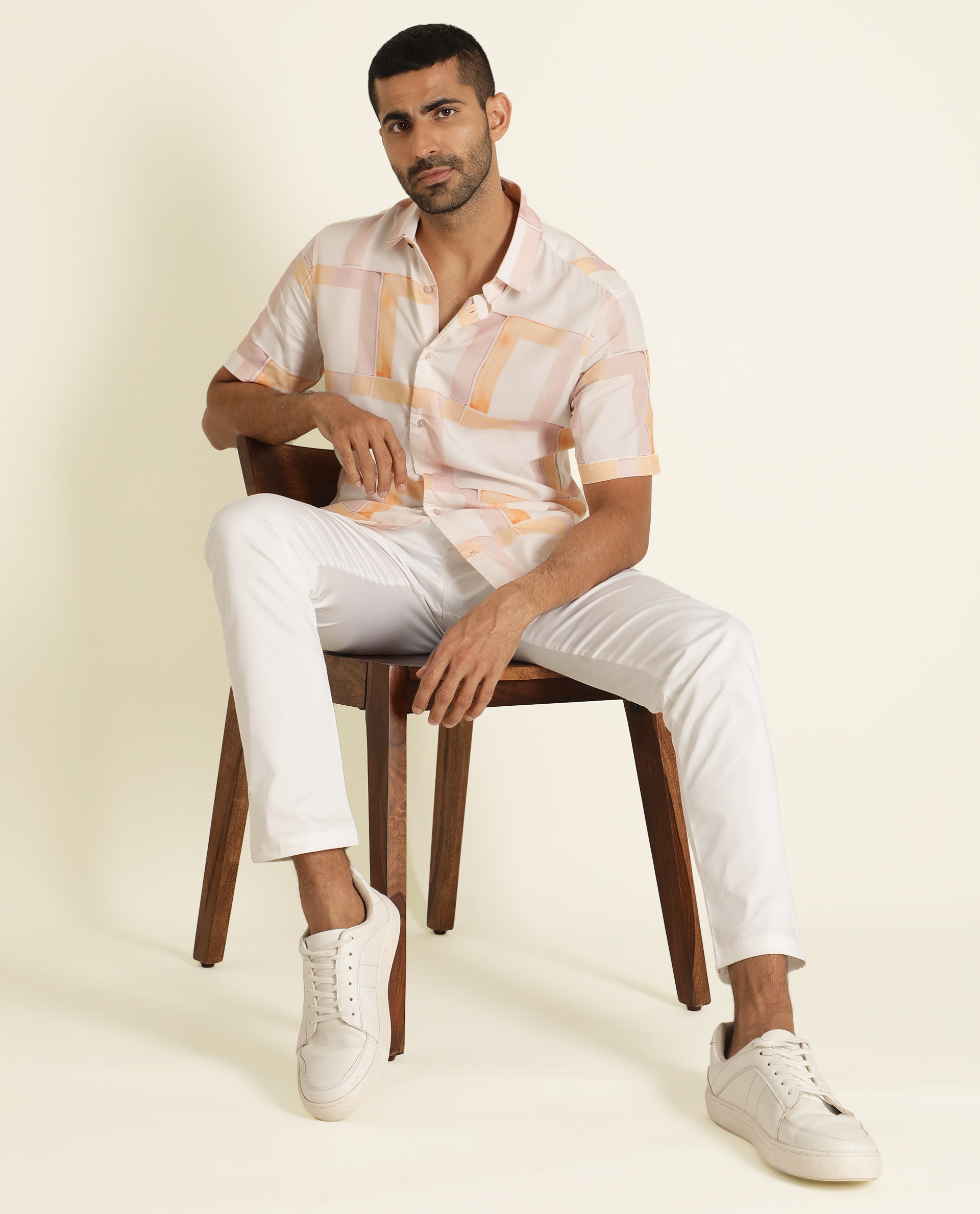 Rare Rabbit Men's Kexby White Viscose Fabric Abstract Print Half Sleeves Shirt