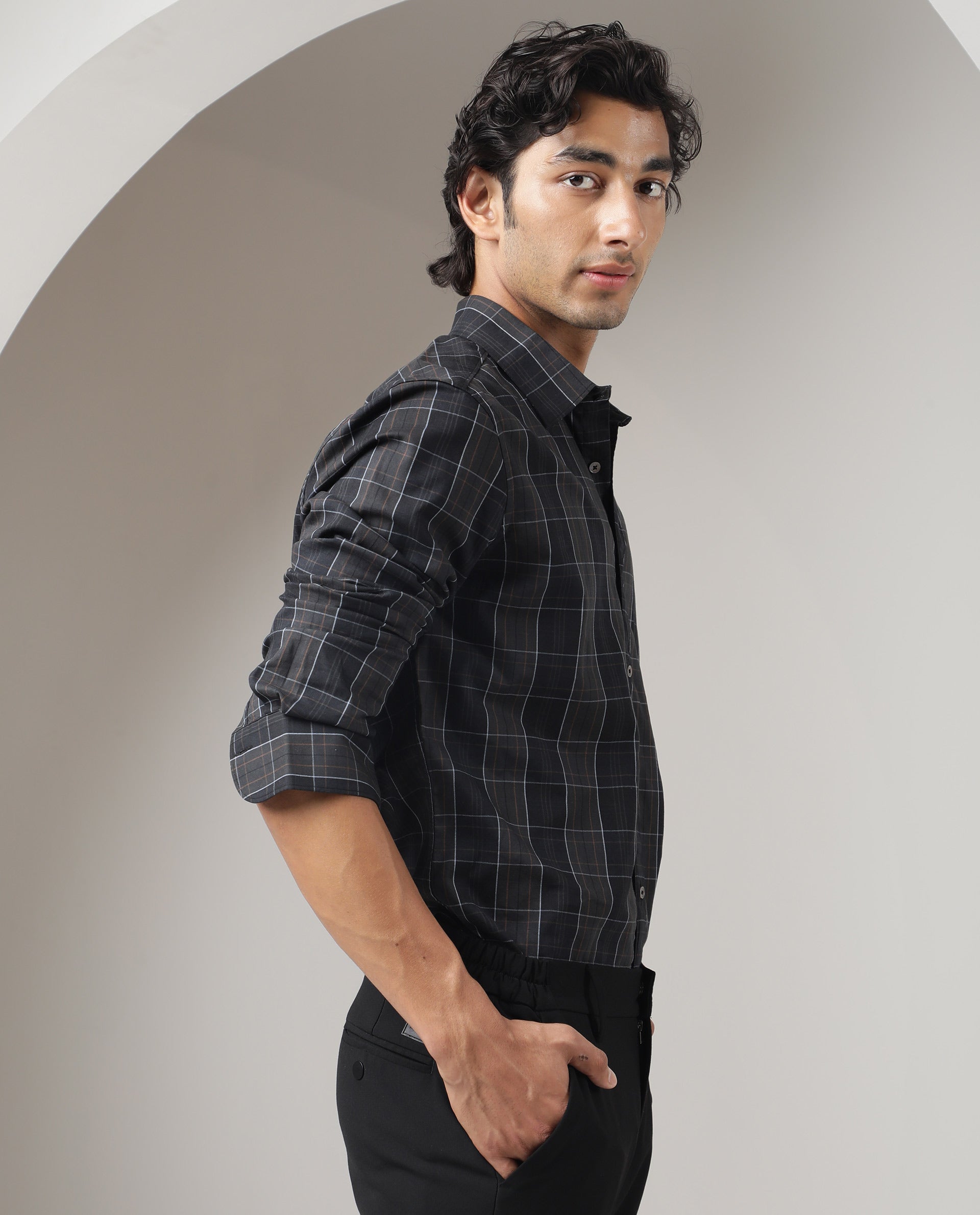 Rare Rabbit Men's Lancelot Grey Cotton Fabric Full Sleeves Checks Shirt