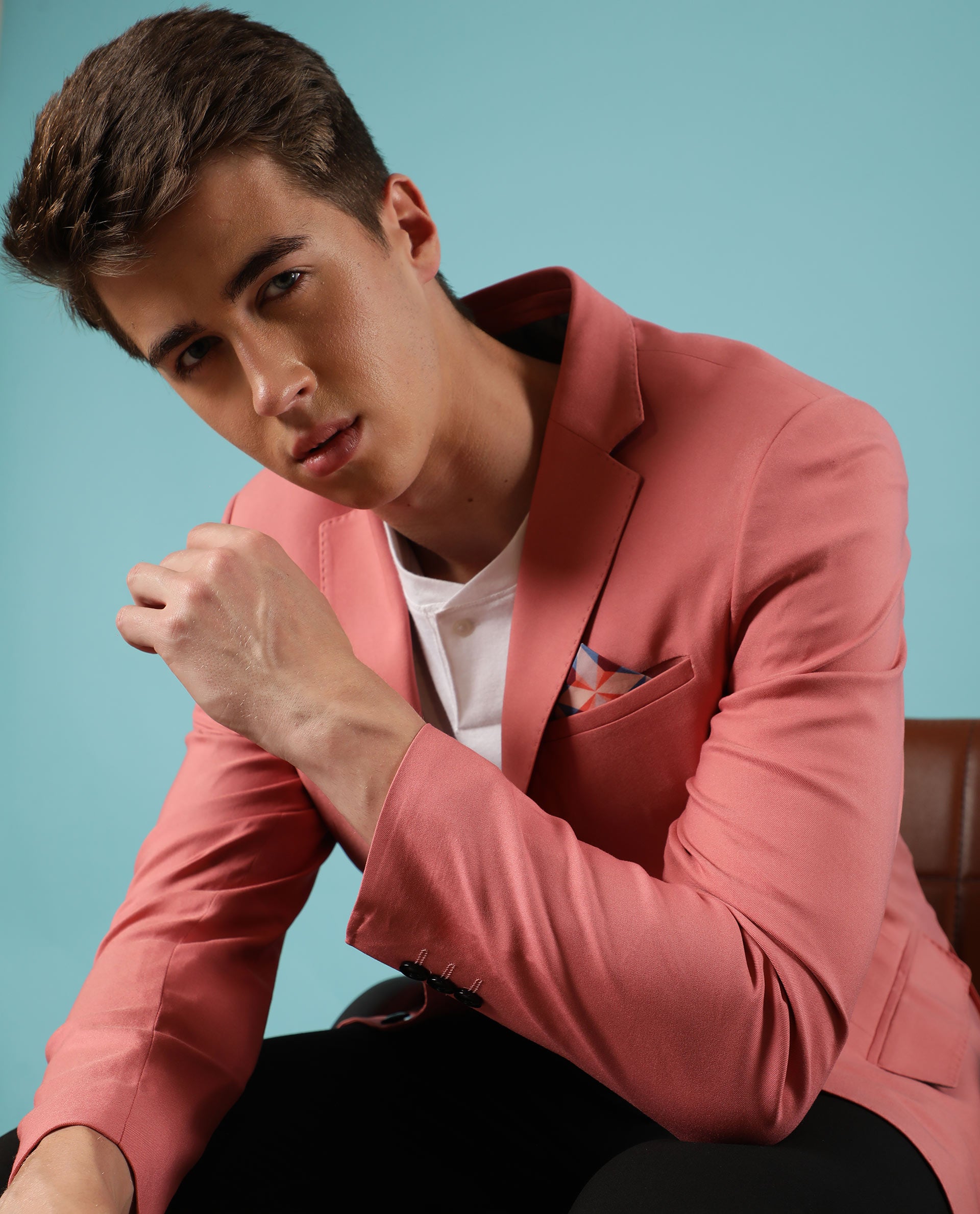 Rare Rabbit Men's Bart Pink Polyester Viscose Fabric Notch Lapel Single Breasted Tailored Fit Solid Blazer