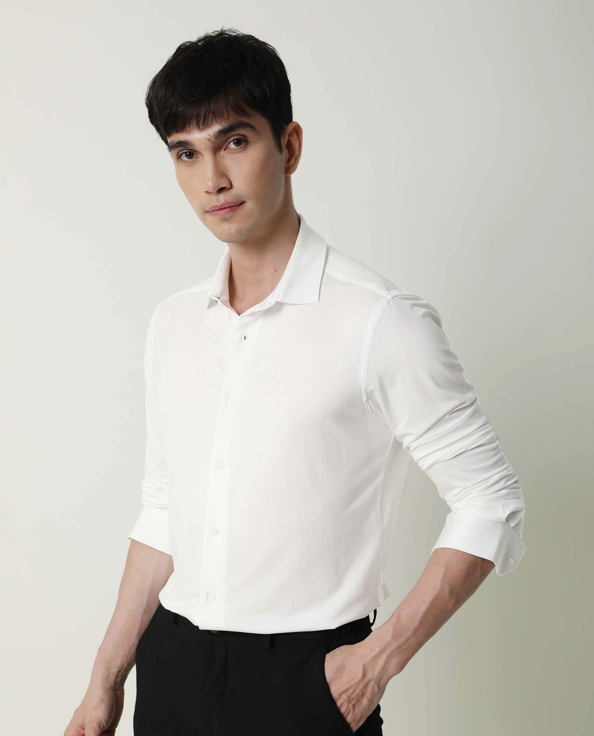 Rare Rabbit Men's Zac White Rayon Fabric Full Sleeves Solid Shirt