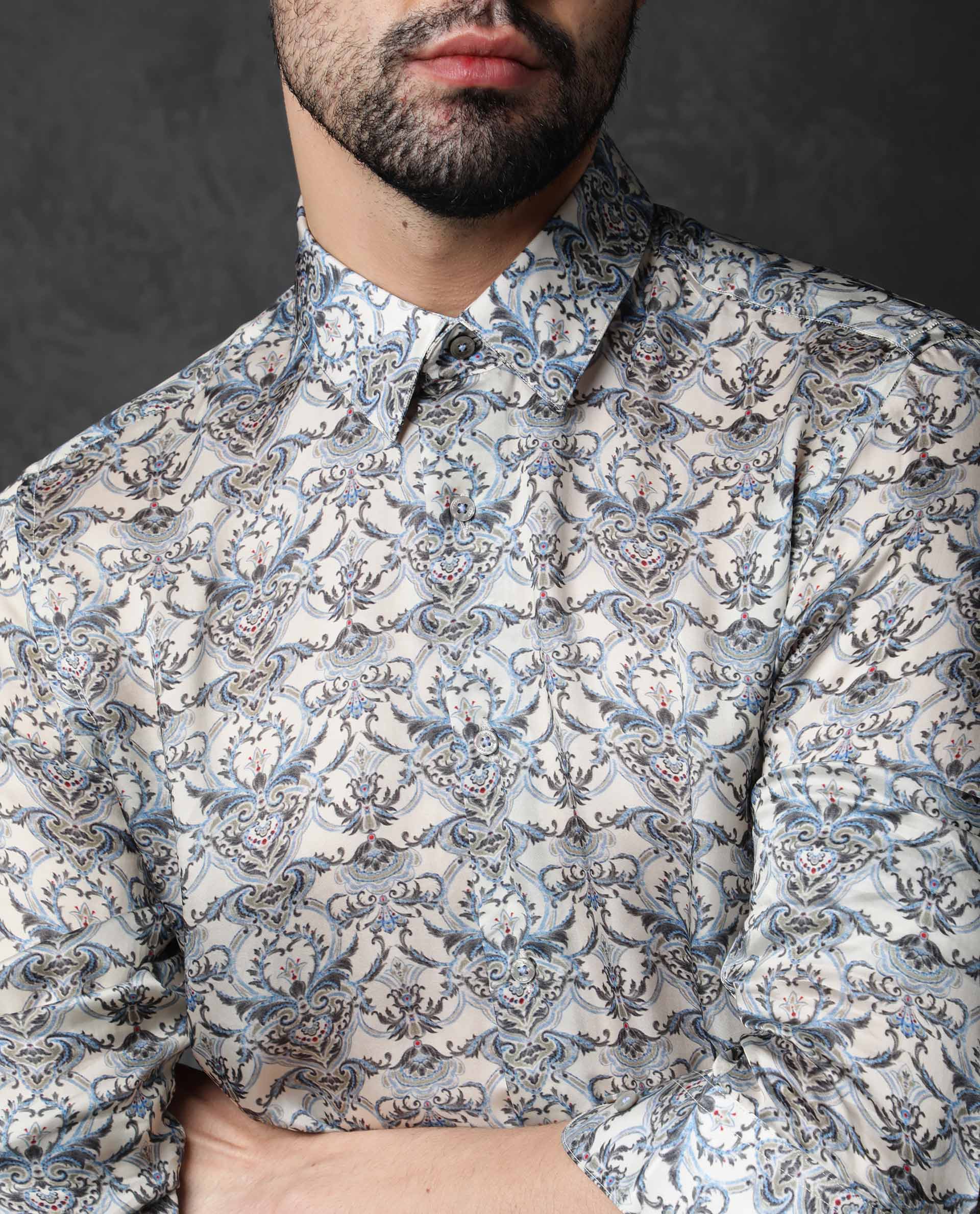 Rare Rabbit Men's Montor Beige Satin Abstract Print Full Sleeves Shirt