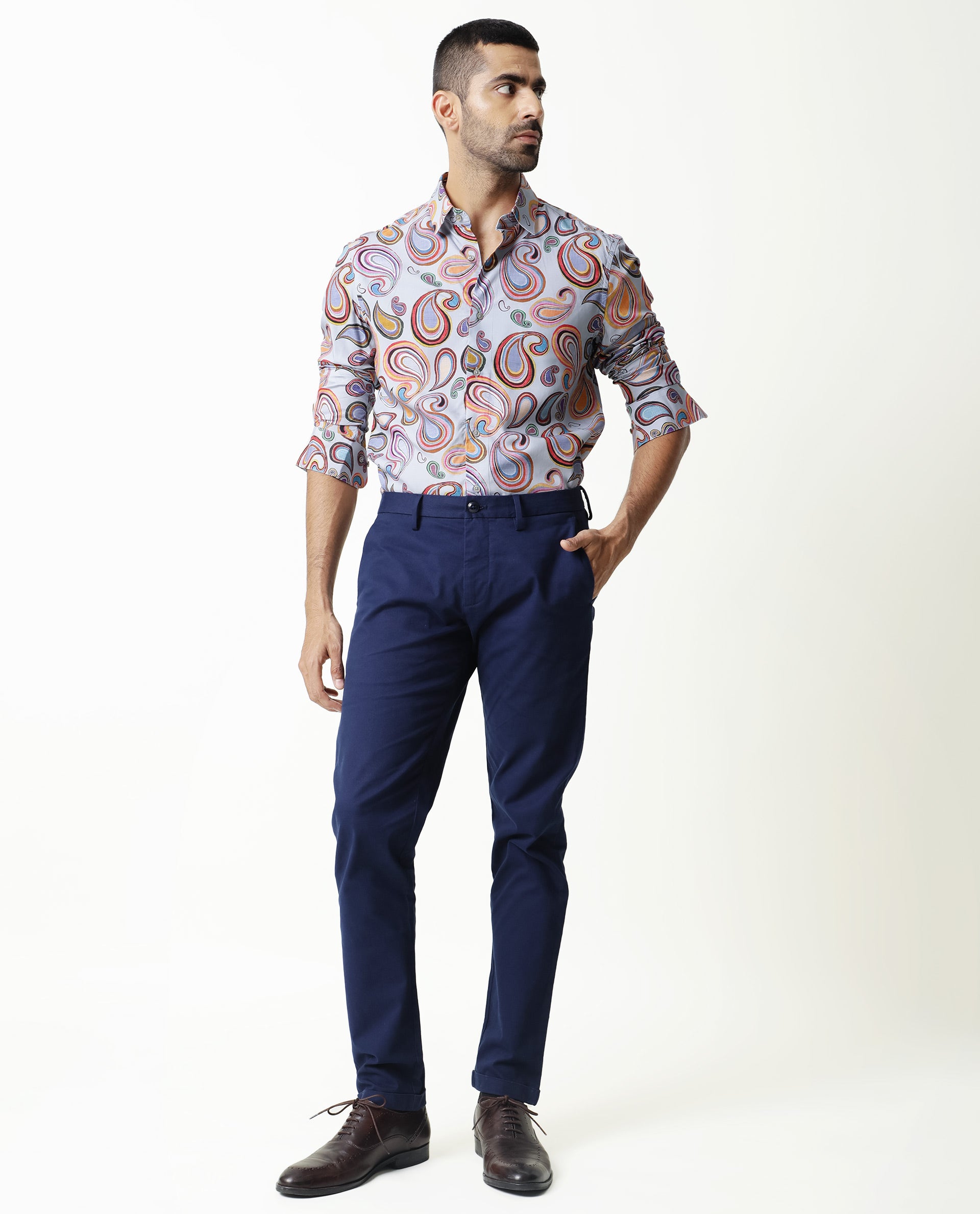Rare Rabbit Men's Marsh Ls Blue Viscose Fabric Paisley Print Full Sleeves Shirt