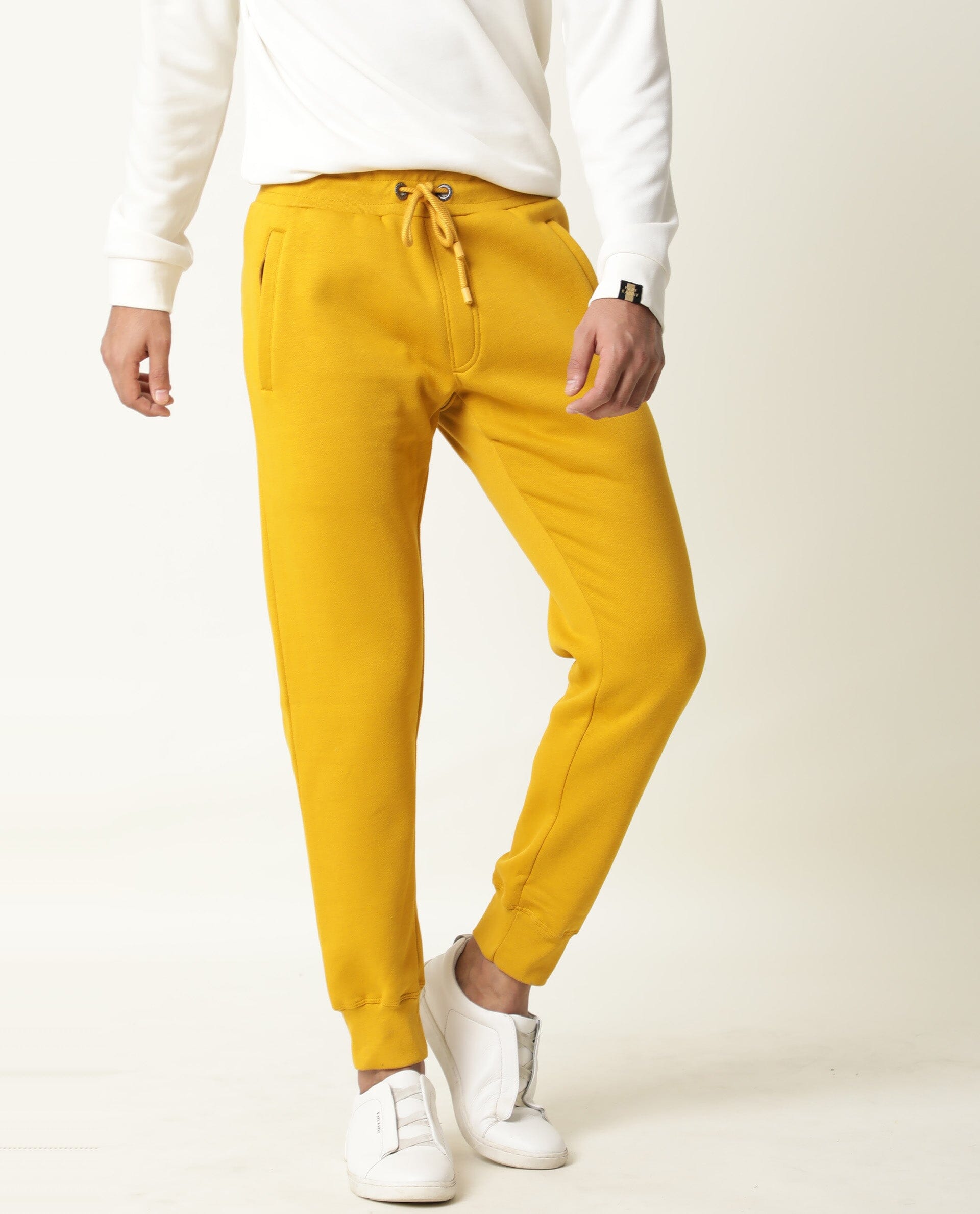 Rare Rabbit Panama Light Yellow Track Pant Cotton Poly Fabric Slim Fit Drawsting Closure