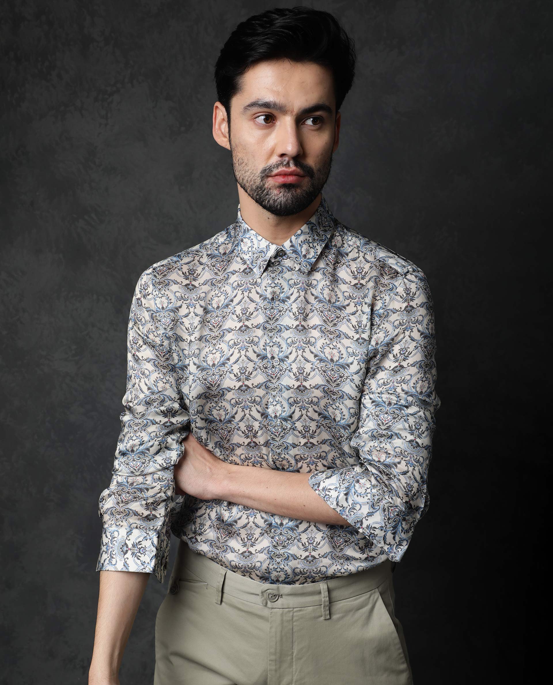 Rare Rabbit Men's Montor Beige Satin Abstract Print Full Sleeves Shirt