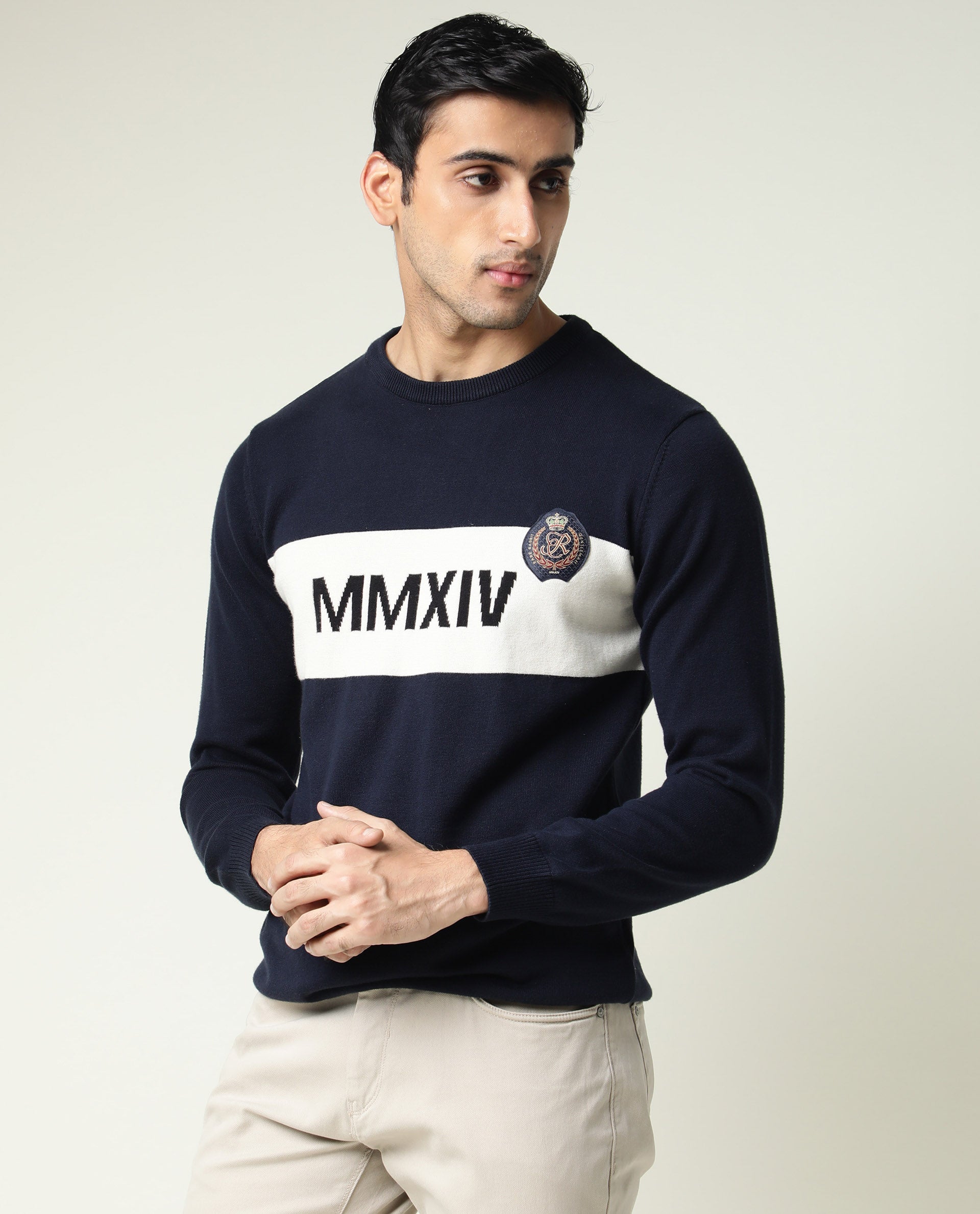 Rare Rabbit Since Primary Navy Pullover Cotton Fabric Full Sleeve Round Neck Slim Fit