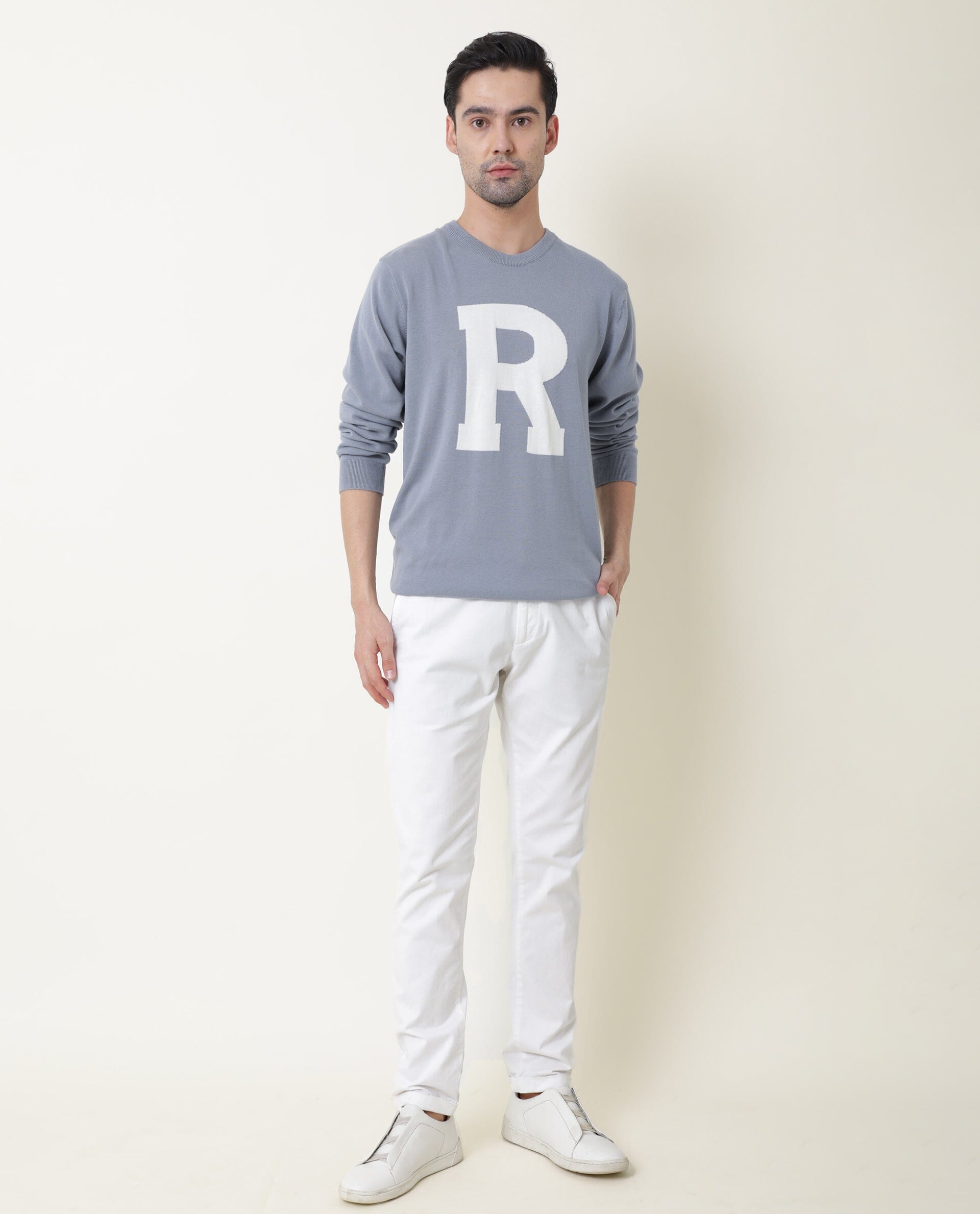 Rare Rabbit Avitt Primary Blue Pullover Cotton Fabric Full Sleeve Round Neck Slim Fit