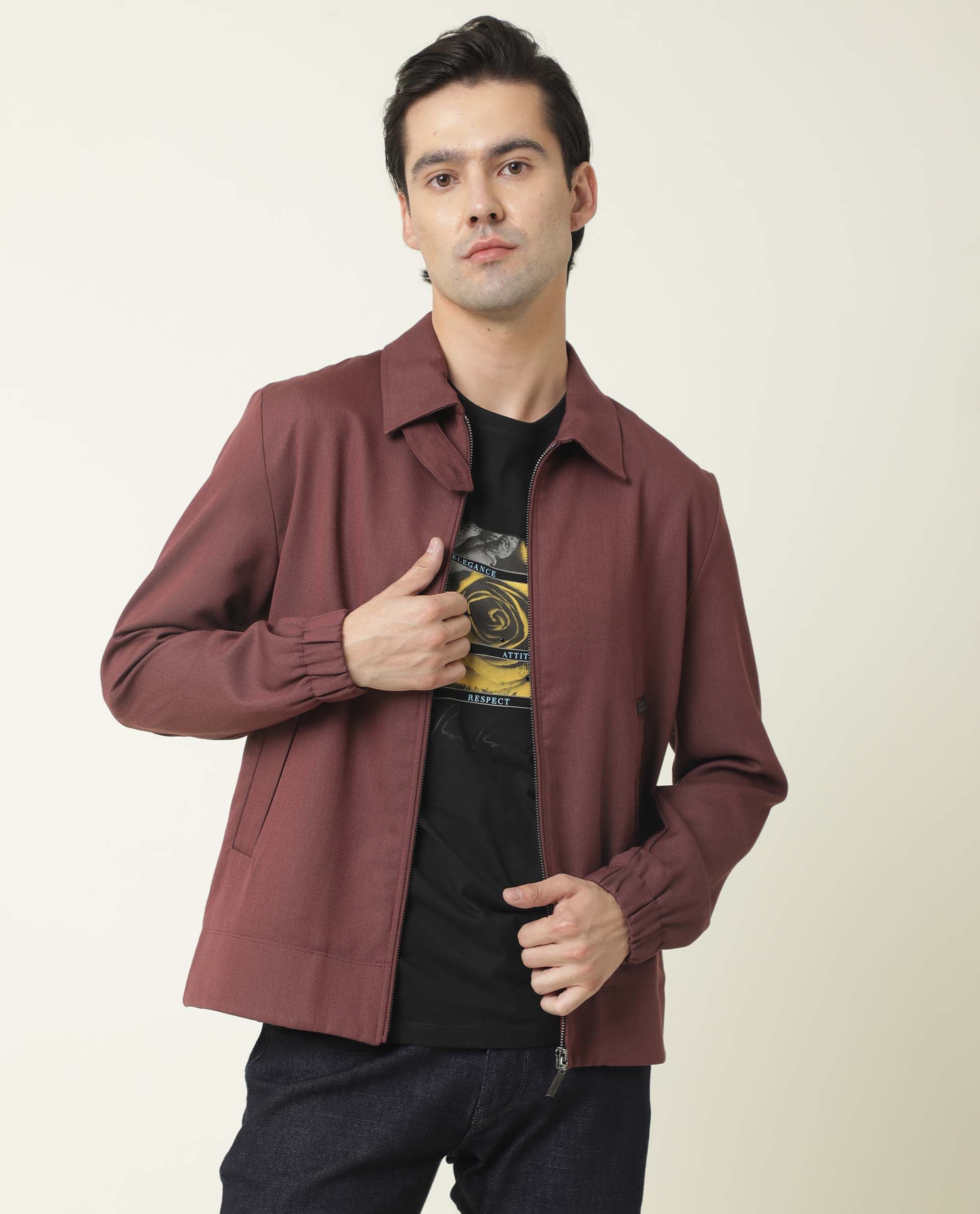 Rare Rabbit Men's Bric Dark Maroon Plain Broad Collar Structured Jacket