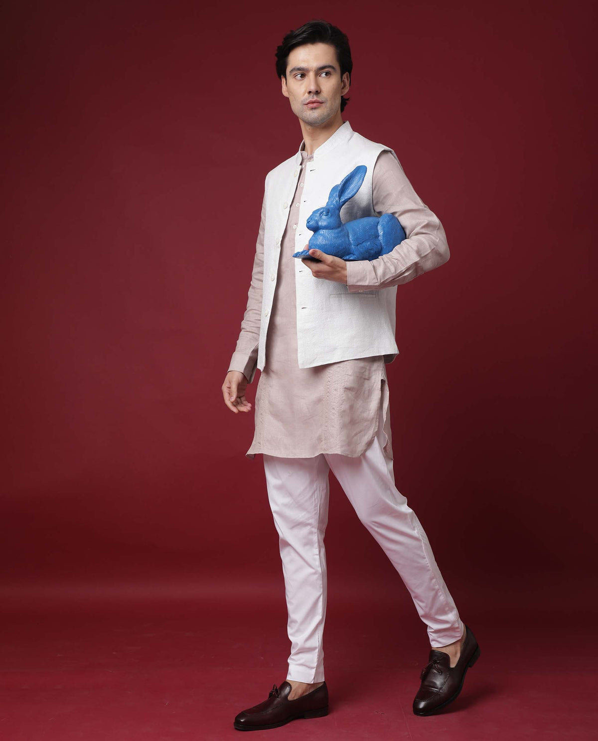 Rare Rabbit President Primary Beige Linen Fabric Full Sleeve Mandarin Collar Slim Fit Kurta