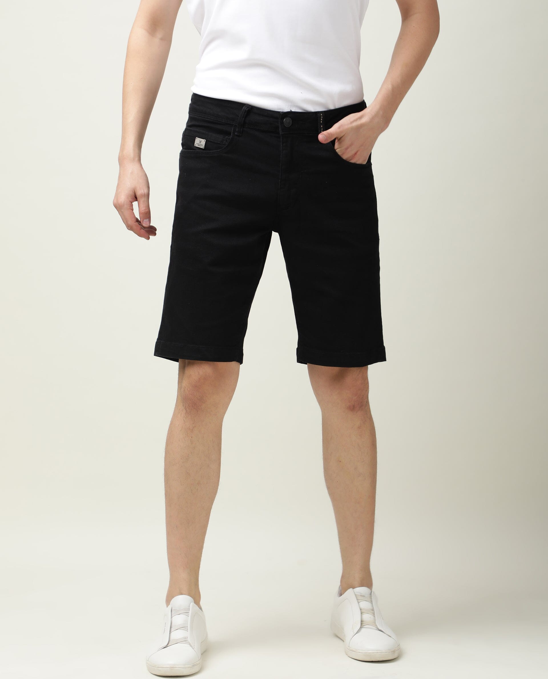 Rare Rabbit Mens Switch Black Slim Fit Mid Rise Knee Length Solid Shorts