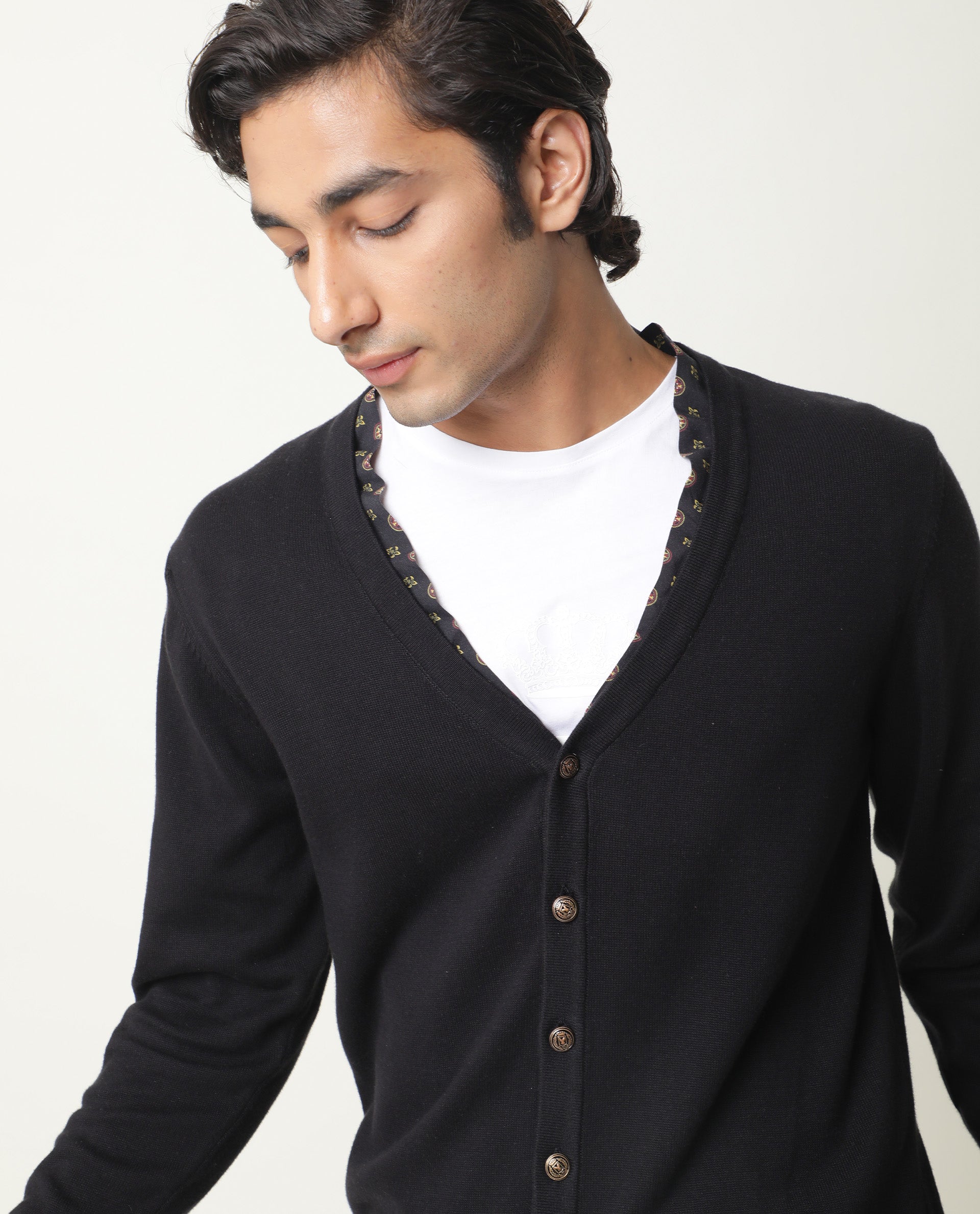 Rare Rabbit Richer Primary Black Pullover Cotton Fabric Full Sleeve V-Neck Slim Fit