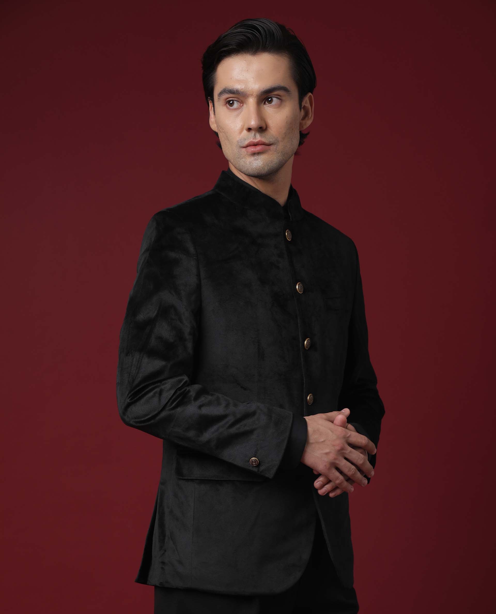 Rare Rabbit Men's Core Black Mandarin Collar Full Sleeves Slim Fit Velvet Bandhgala