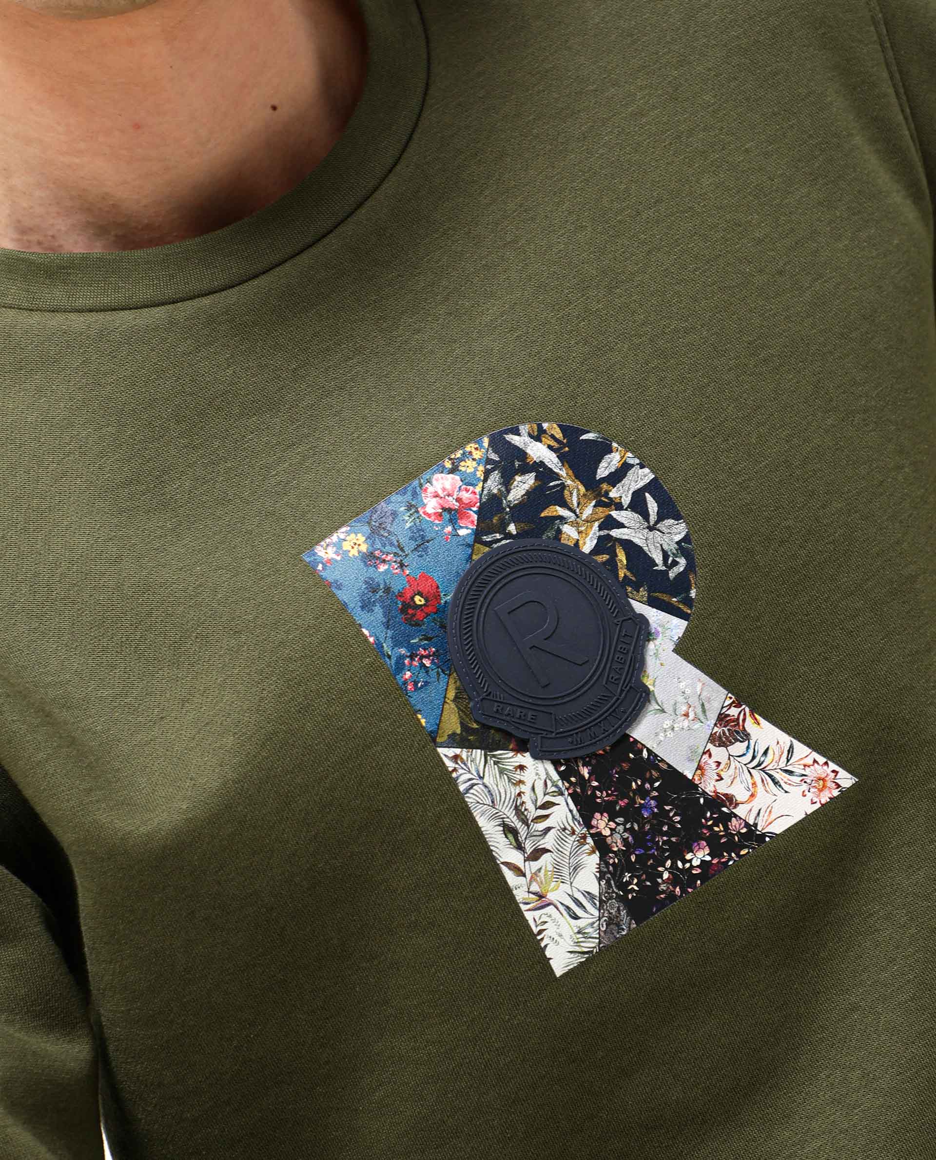 Rare Rabbit Men's Astor Olive Cotton Polyester Fabric Full Sleeves Floral Graphic Print Sweatshirt