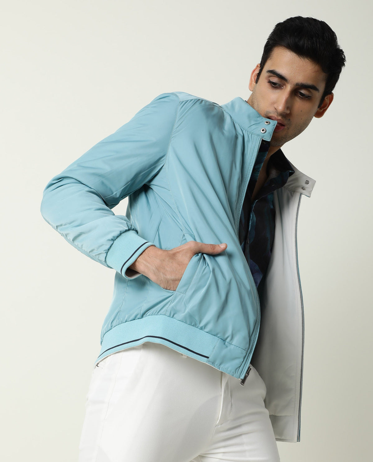 Rare Rabbit Men's Royban White Classic Mandarin Collar Bomber Jacket