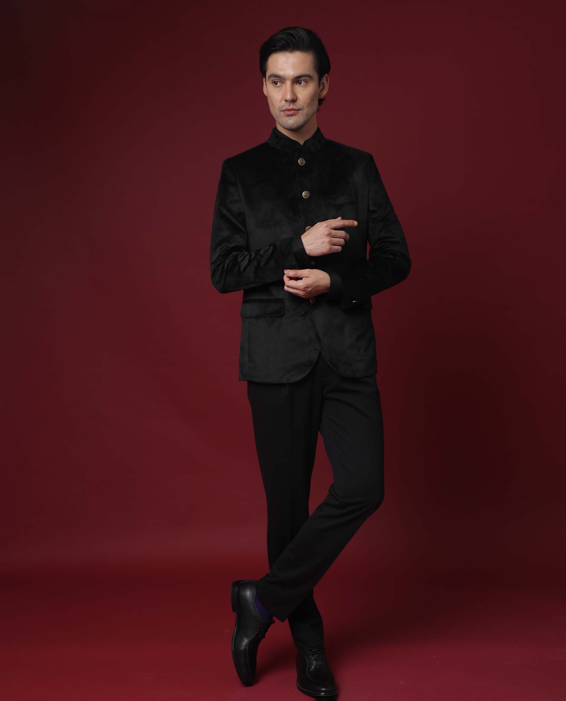 Rare Rabbit Men's Core Black Mandarin Collar Full Sleeves Slim Fit Velvet Bandhgala