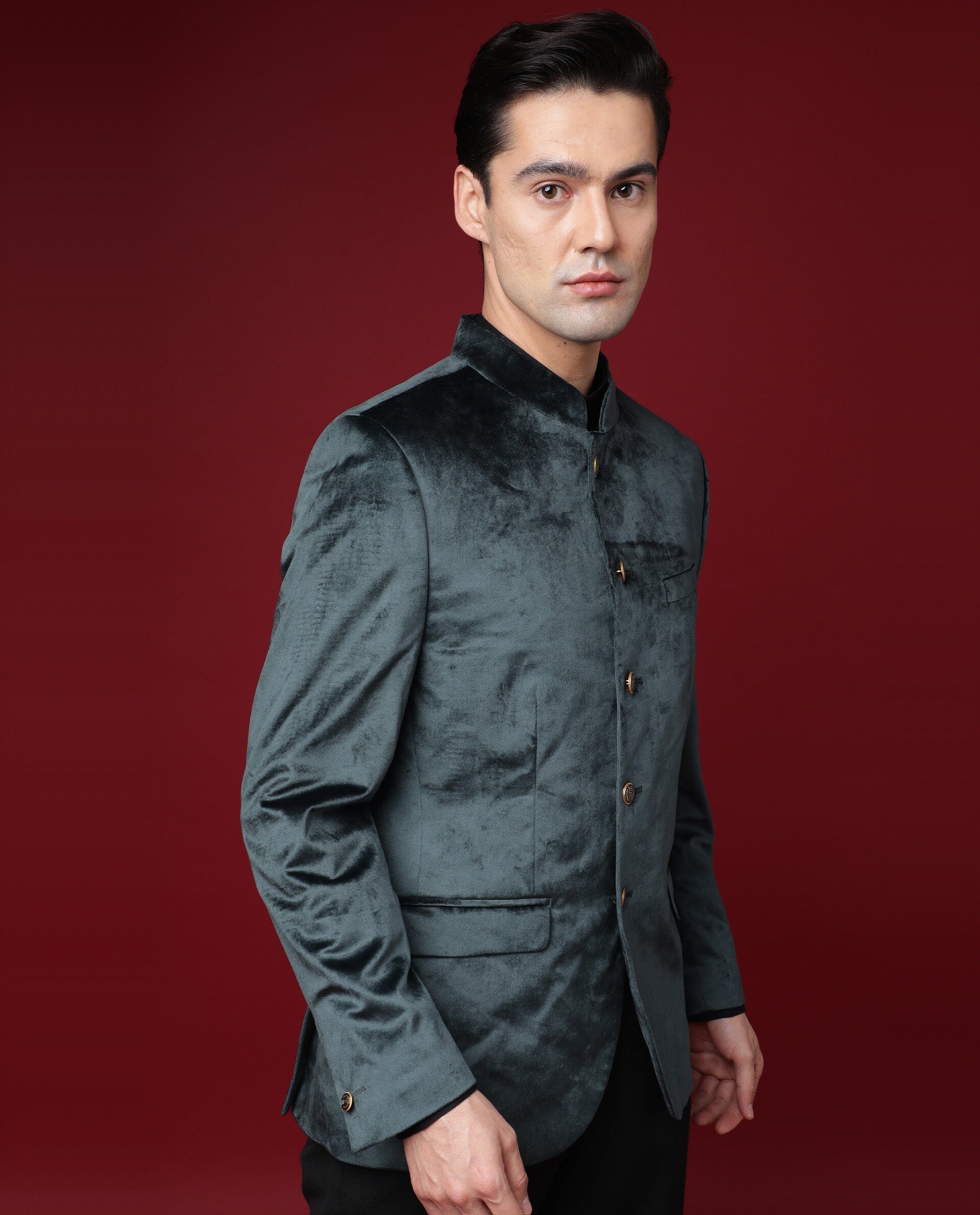 Rare Rabbit Men's Core Primary Green Mandarin Collar Full Sleeves Slim Fit Velvet Bandhgala