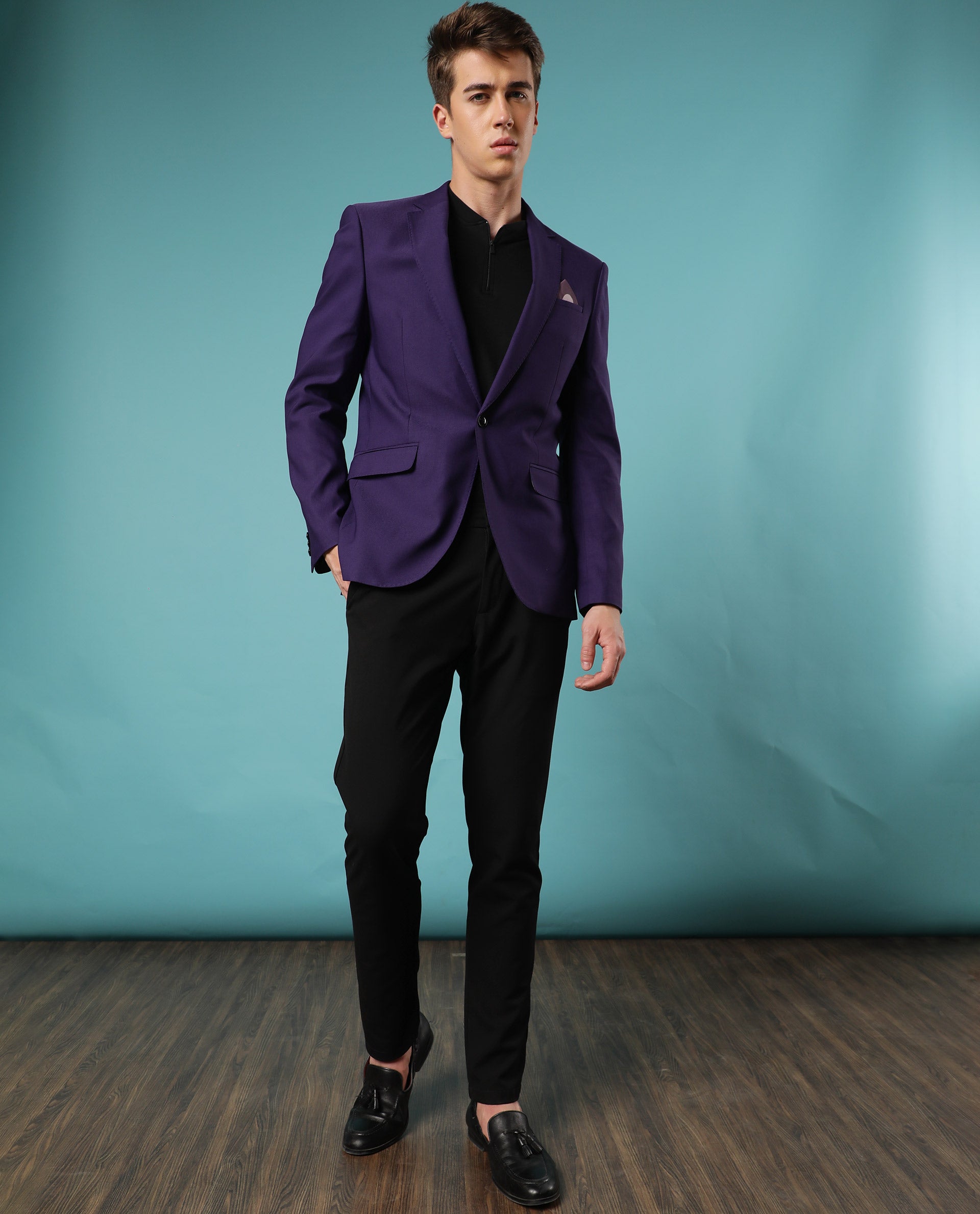 Rare Rabbit Men's Bart Purple Polyester Viscose Fabric Notch Lapel Single Breasted Tailored Fit Solid Blazer