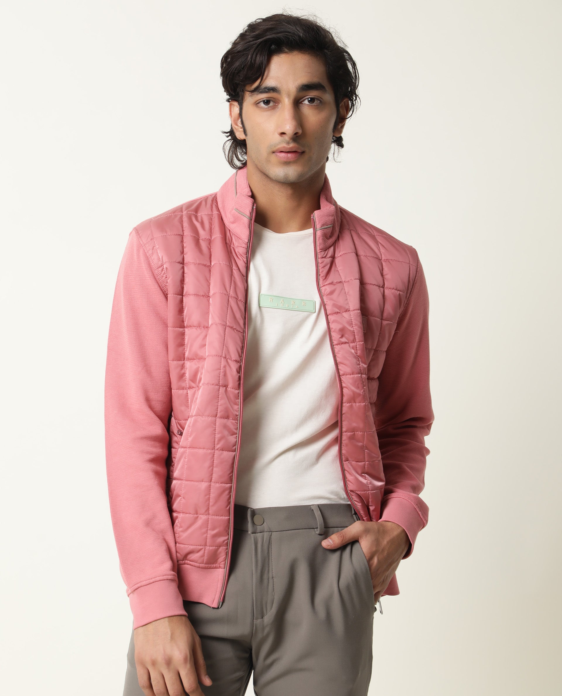 Rare Rabbit Men's Kneto Primary Pink Plain High Neck Puffer Jacket