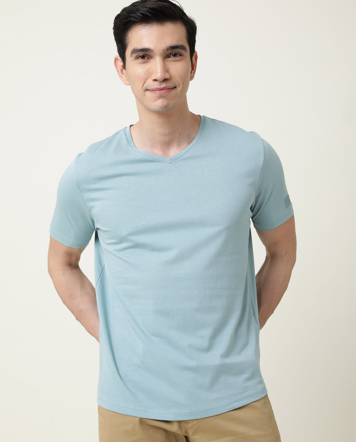 Rare Rabbit Entre Primary Blue Solid V-Neck With Branding on Sleeves Half Sleeves Regular Fit T-Shirt