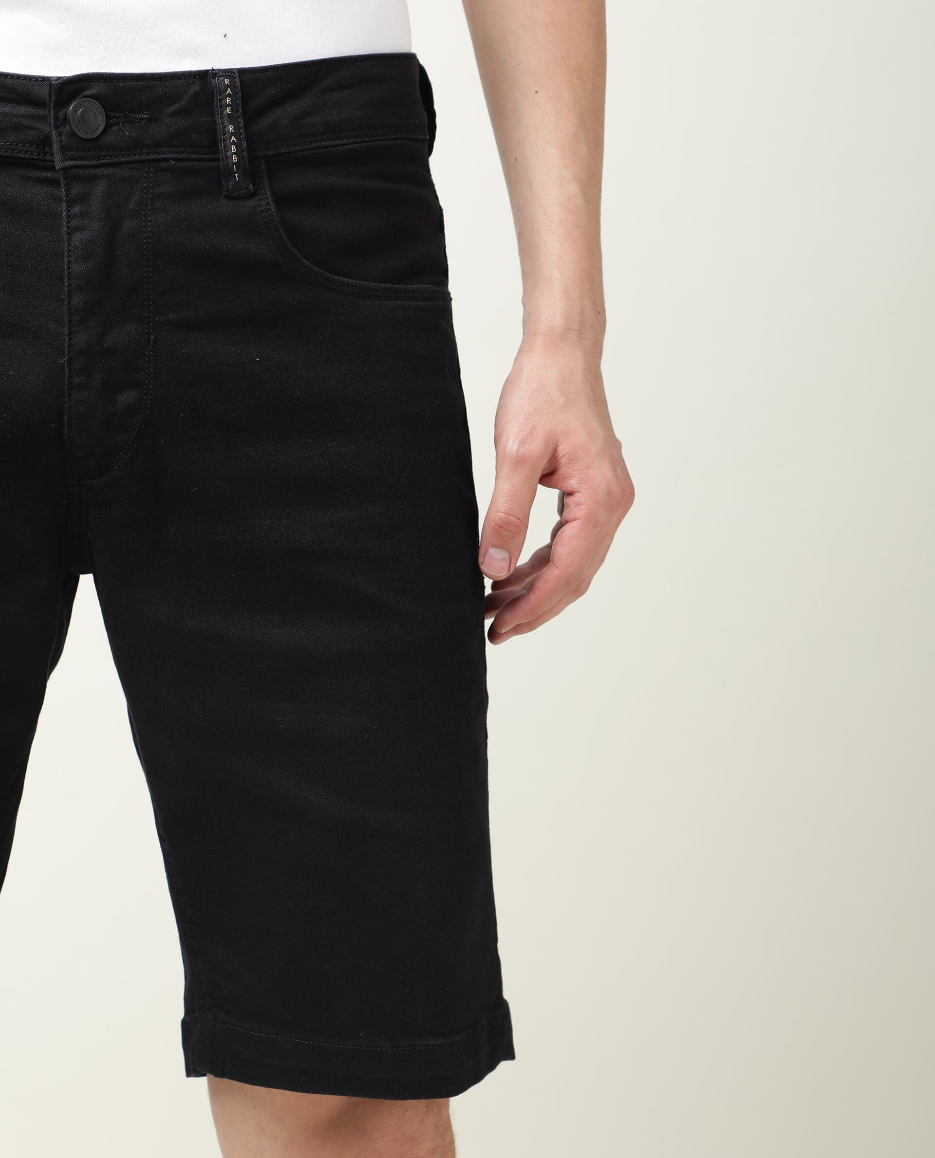 Rare Rabbit Mens Switch Black Slim Fit Mid Rise Knee Length Solid Shorts