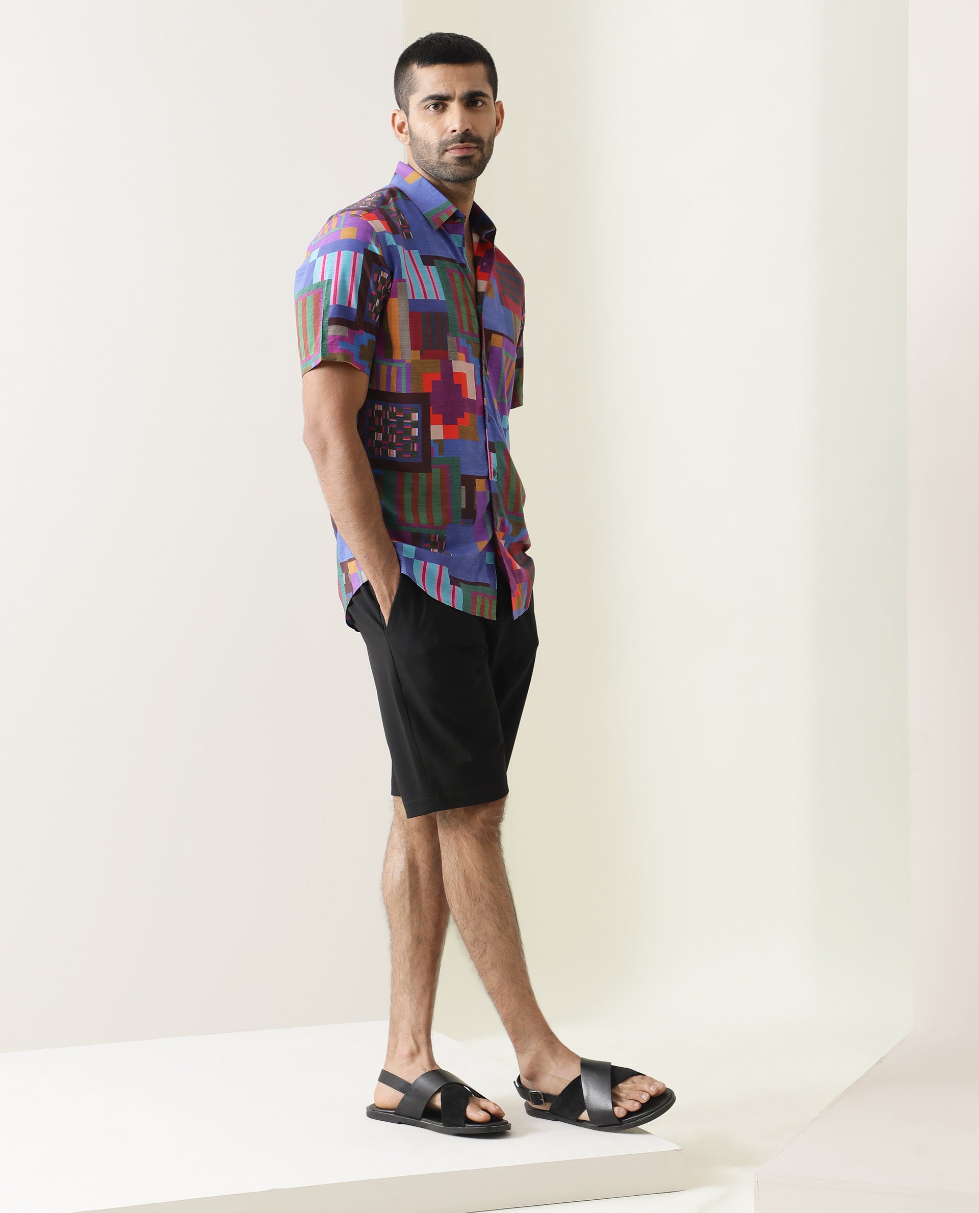 Rare Rabbit Men's Circon Multi Viscose Fabric Half Sleeves Geometric Print Shirt