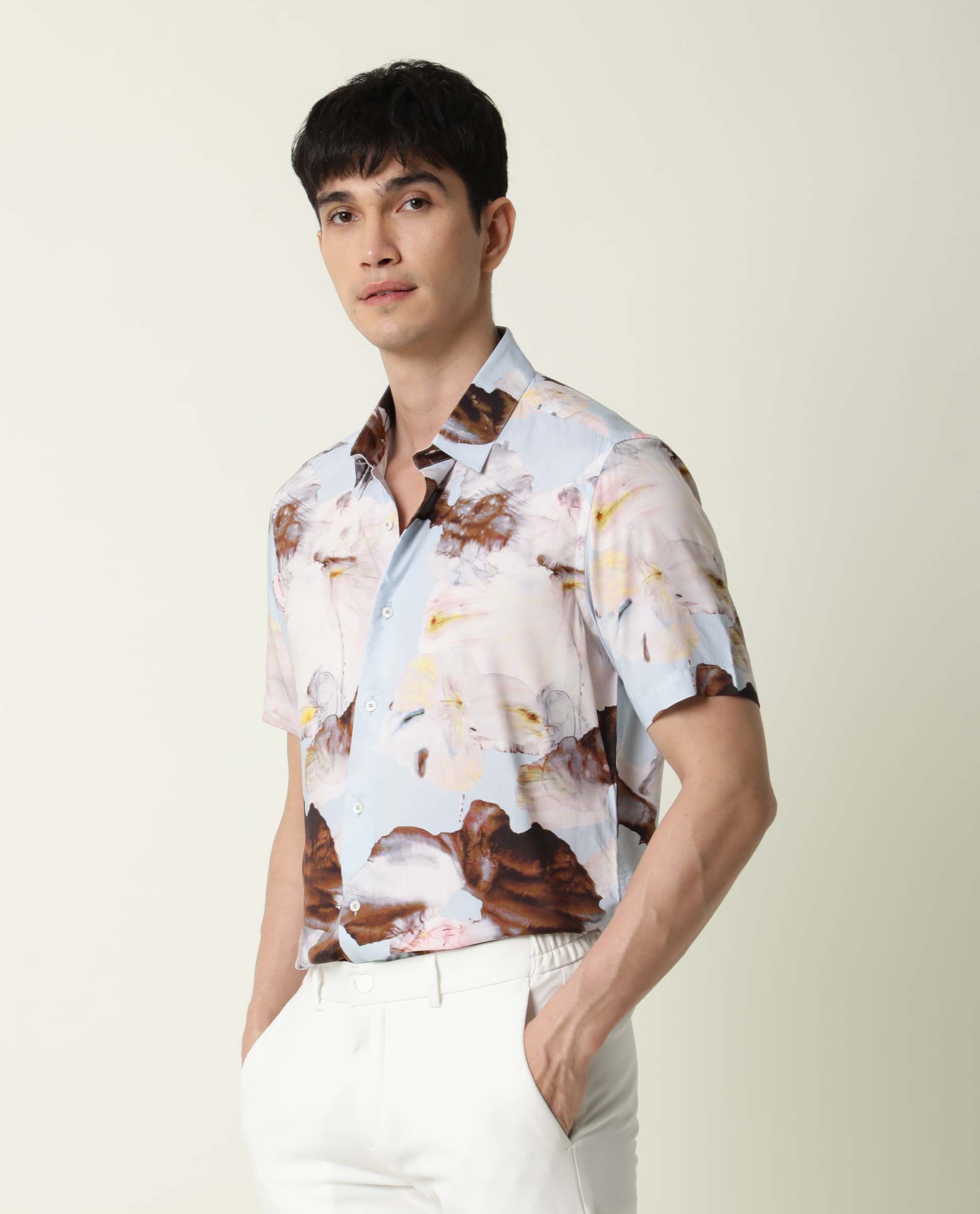 RARE RABBIT MEN'S BREEZY BLUE SHIRT VISCOSE FABRIC COLLARED NECK HALF SLEEVES BUTTON CLOSURE SLIM FIT