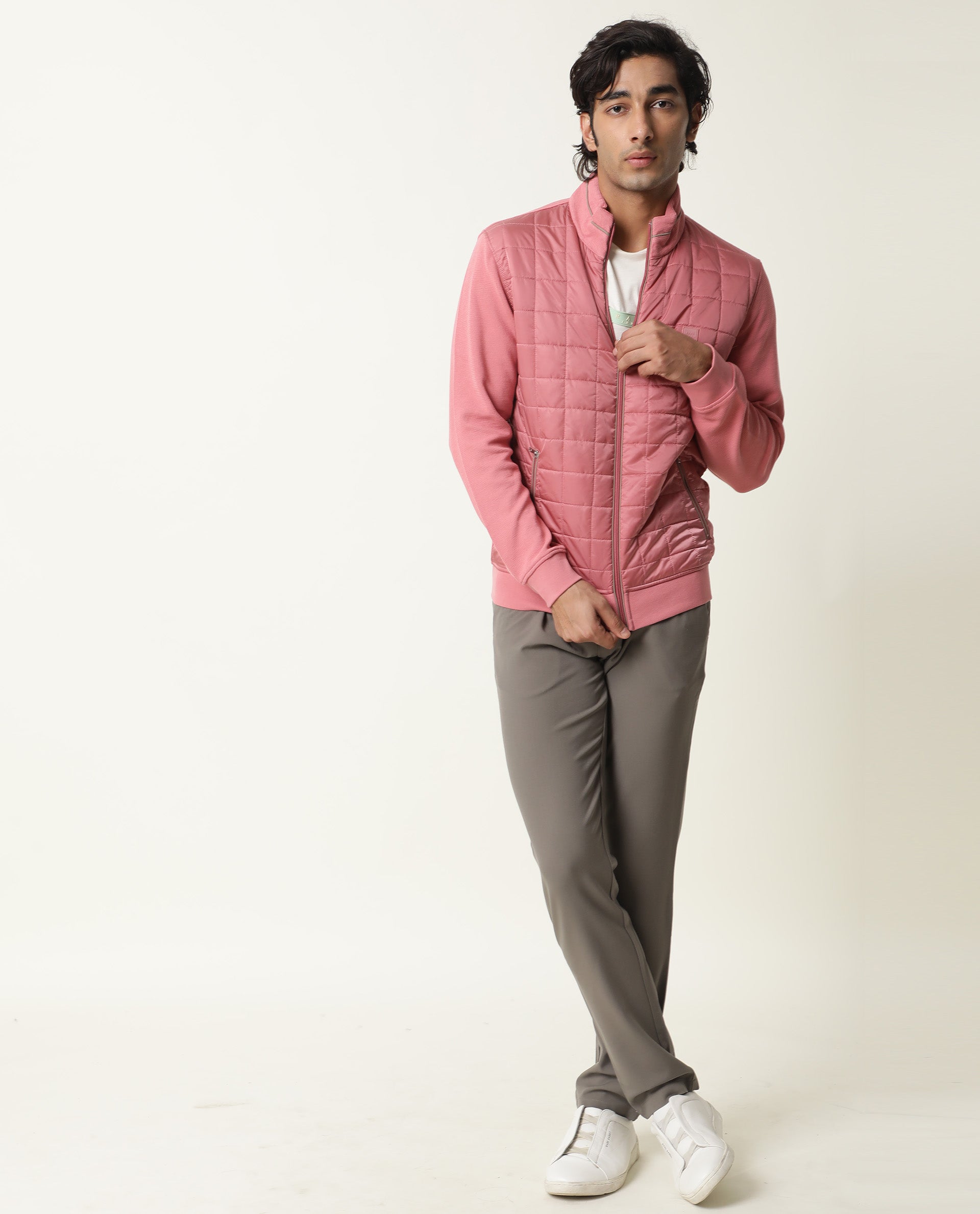 Rare Rabbit Men's Kneto Primary Pink Plain High Neck Puffer Jacket