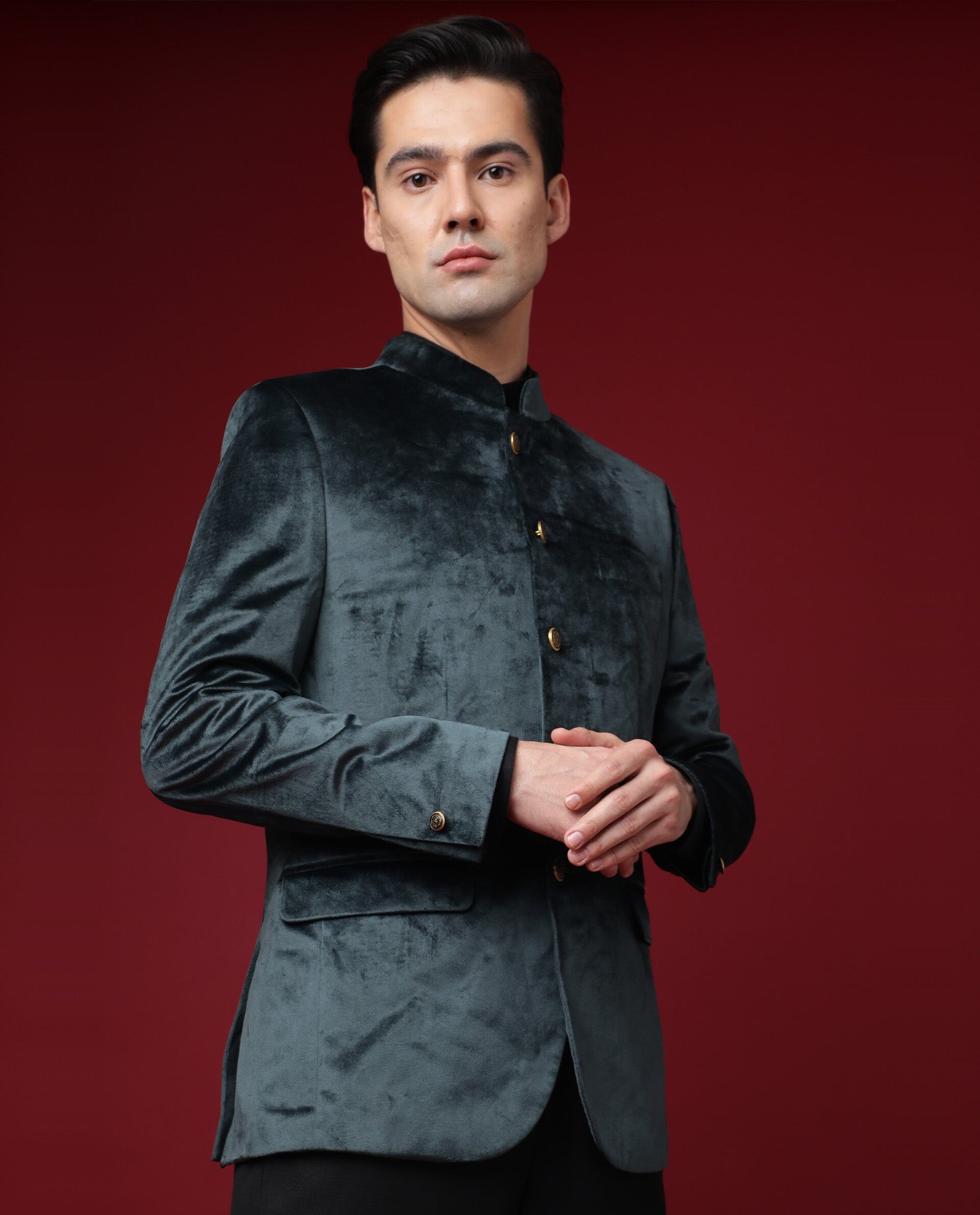 Rare Rabbit Men's Core Primary Green Mandarin Collar Full Sleeves Slim Fit Velvet Bandhgala