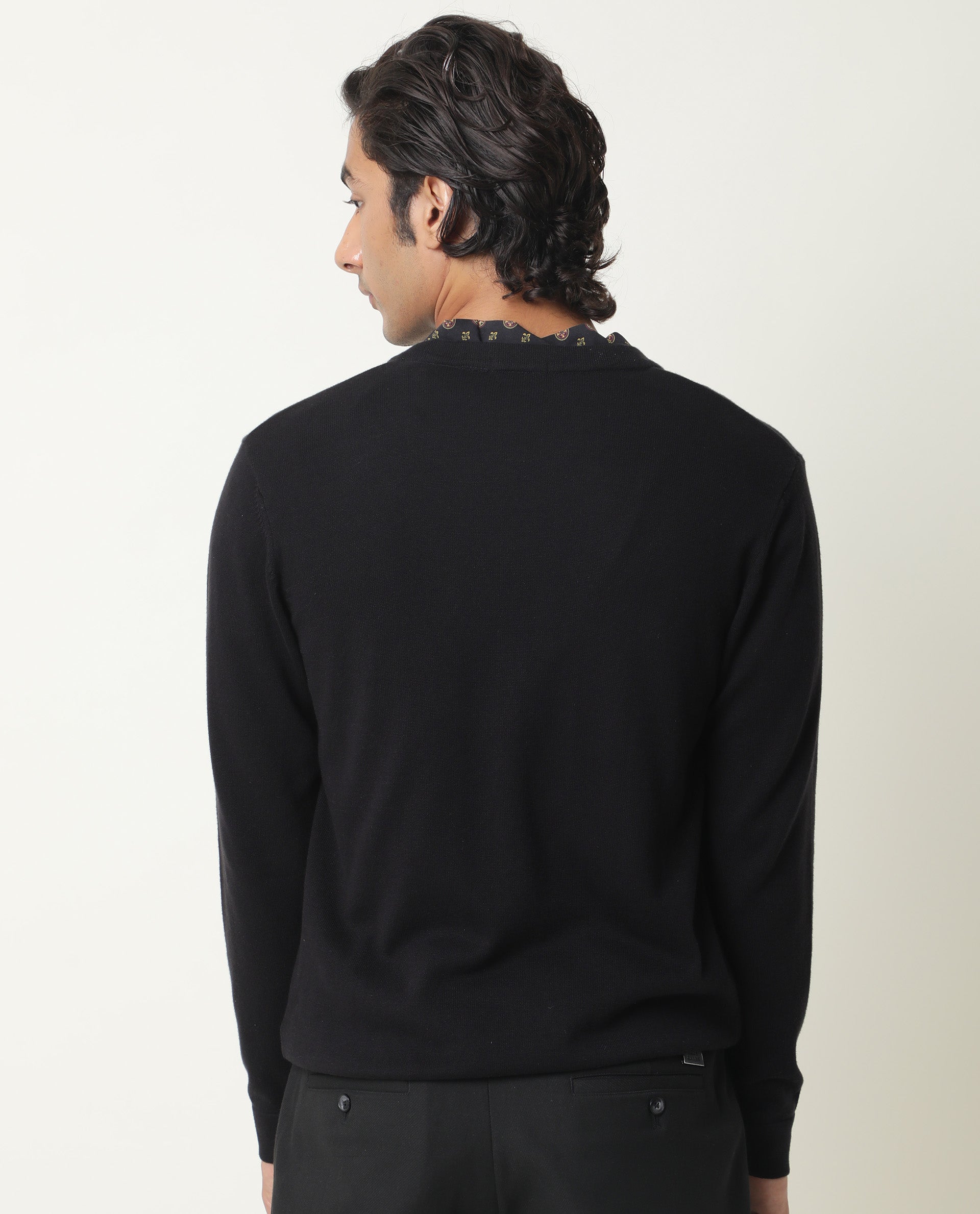 Rare Rabbit Richer Primary Black Pullover Cotton Fabric Full Sleeve V-Neck Slim Fit