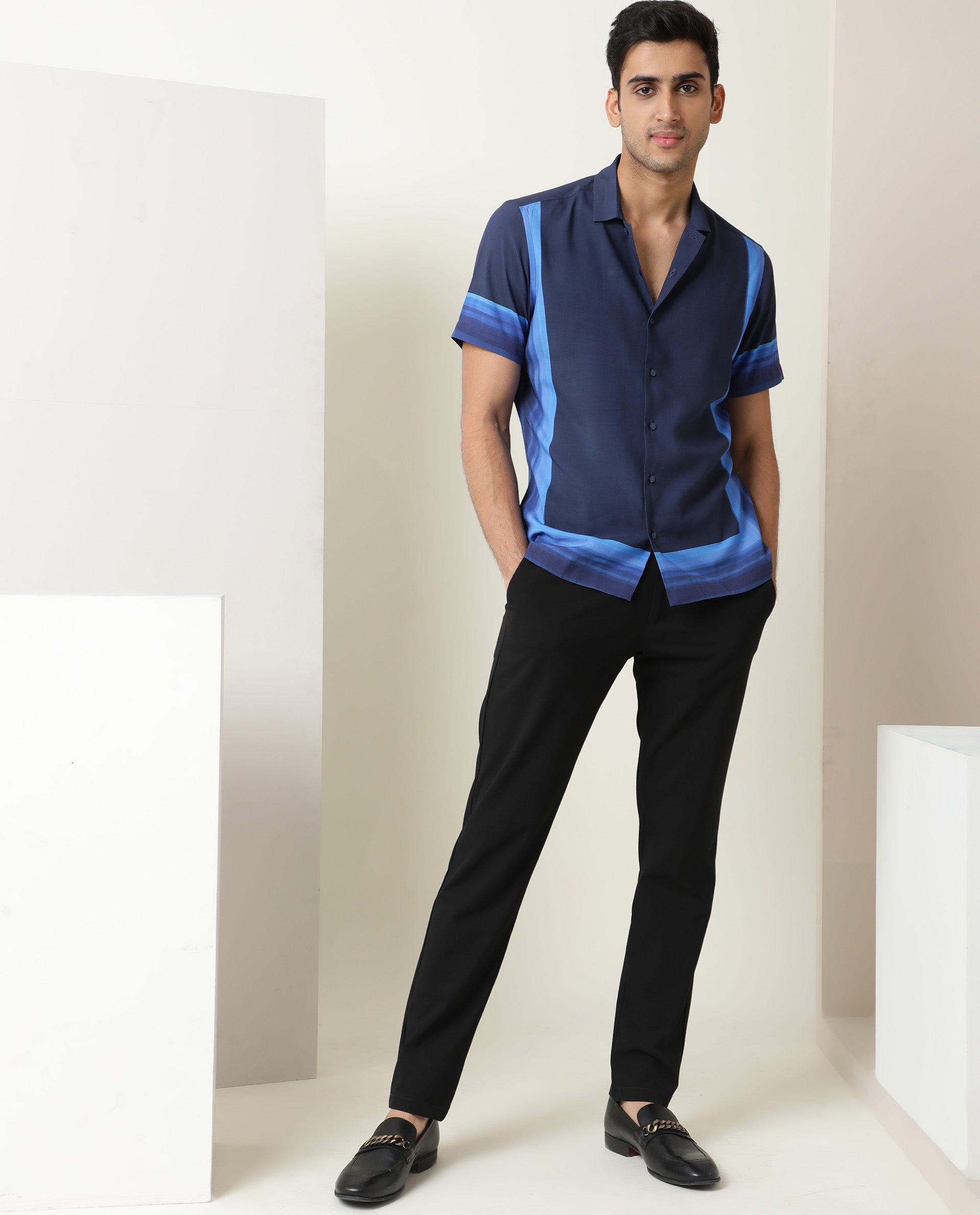 Rare Rabbit Men's Quben Navy Viscose Fabric Cuban Collar Tonal Placement Print Half Sleeves Shirt