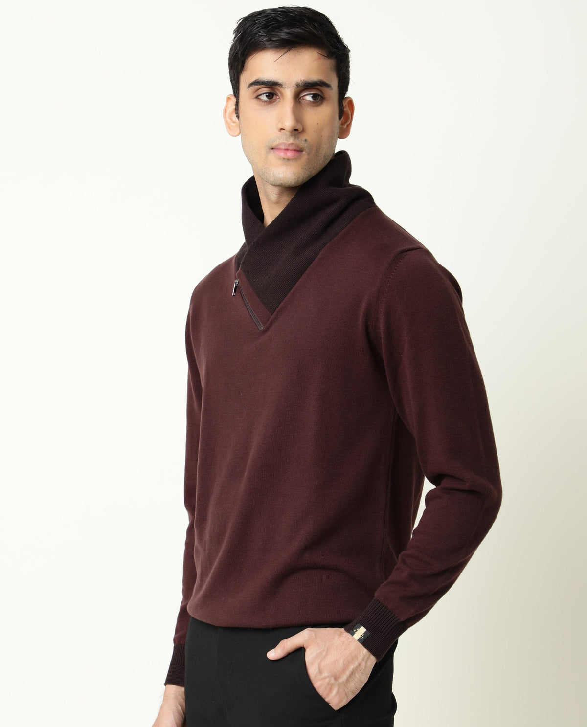 Rare Rabbit Men'S Denver Maroon Pullover Cotton Fabric Cowl Neck Full Sleeves Zipper Closure Slim Fit