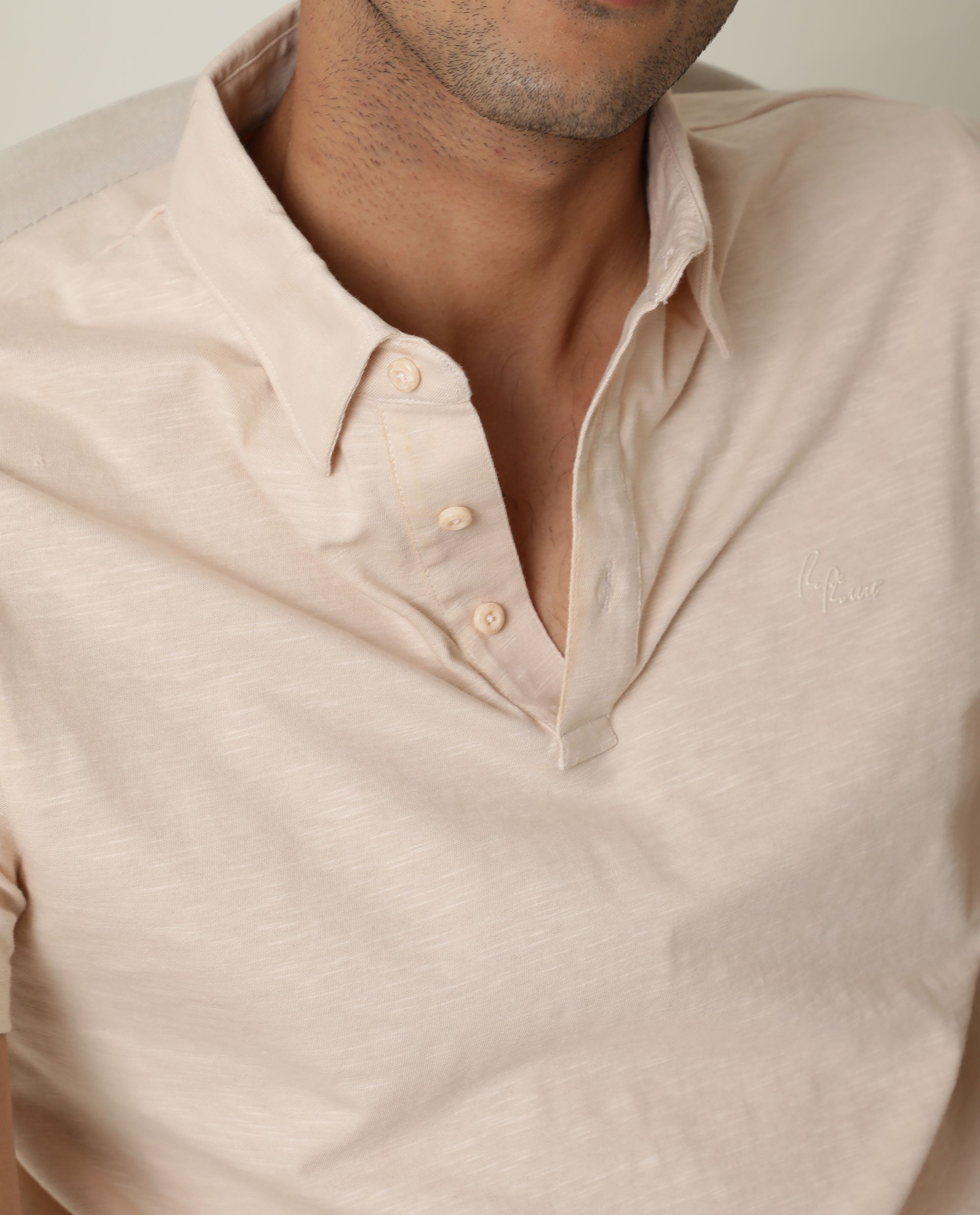 Rare Rabbit Men's Trent Beige Cotton Fabric Collared Neck Half Sleeves Textured Polo T-Shirt