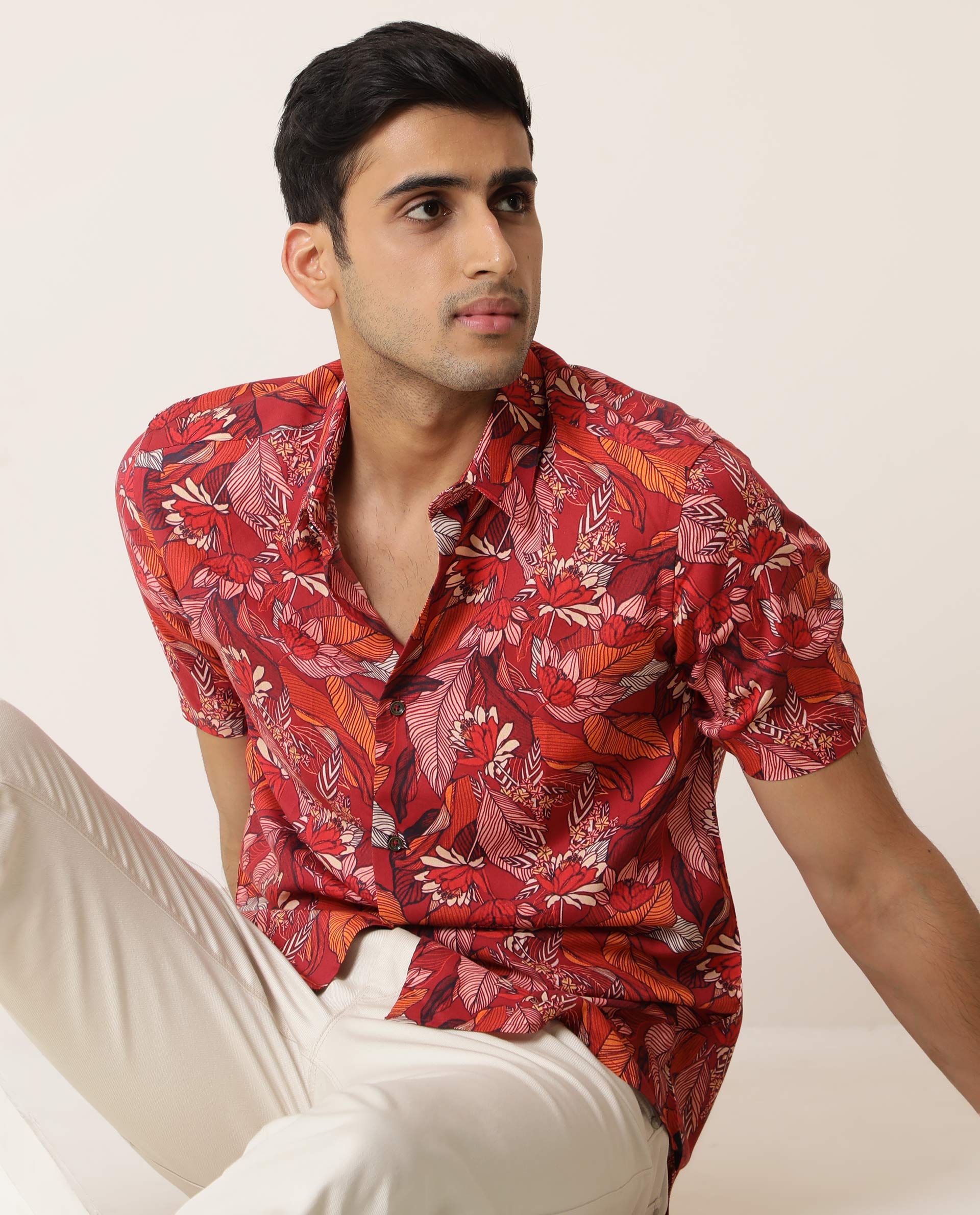 Rare Rabbit Men's Sinn Dark Red Viscose Fabric Floral Print Half Sleeves Shirt