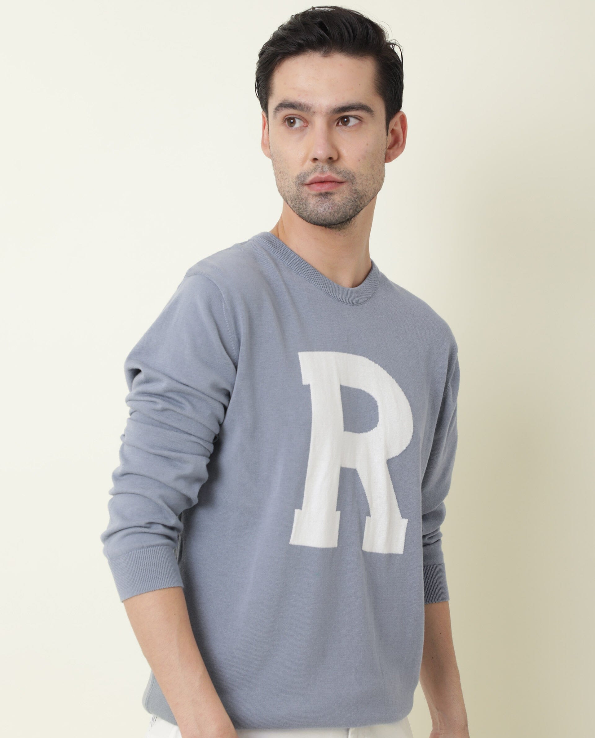 Rare Rabbit Avitt Primary Blue Pullover Cotton Fabric Full Sleeve Round Neck Slim Fit