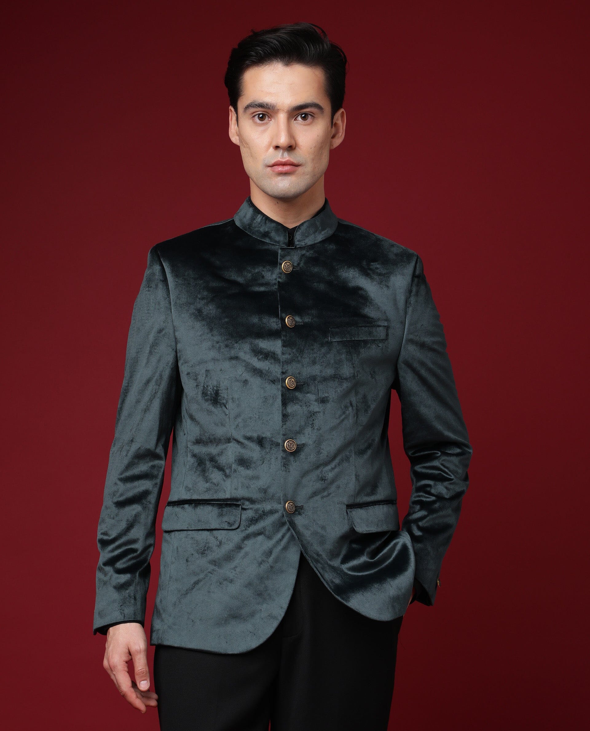 Rare Rabbit Men's Core Primary Green Mandarin Collar Full Sleeves Slim Fit Velvet Bandhgala