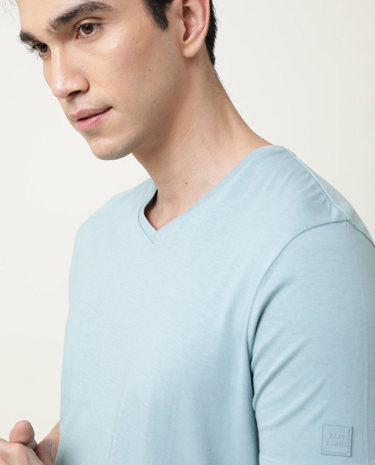 Rare Rabbit Entre Primary Blue Solid V-Neck With Branding on Sleeves Half Sleeves Regular Fit T-Shirt