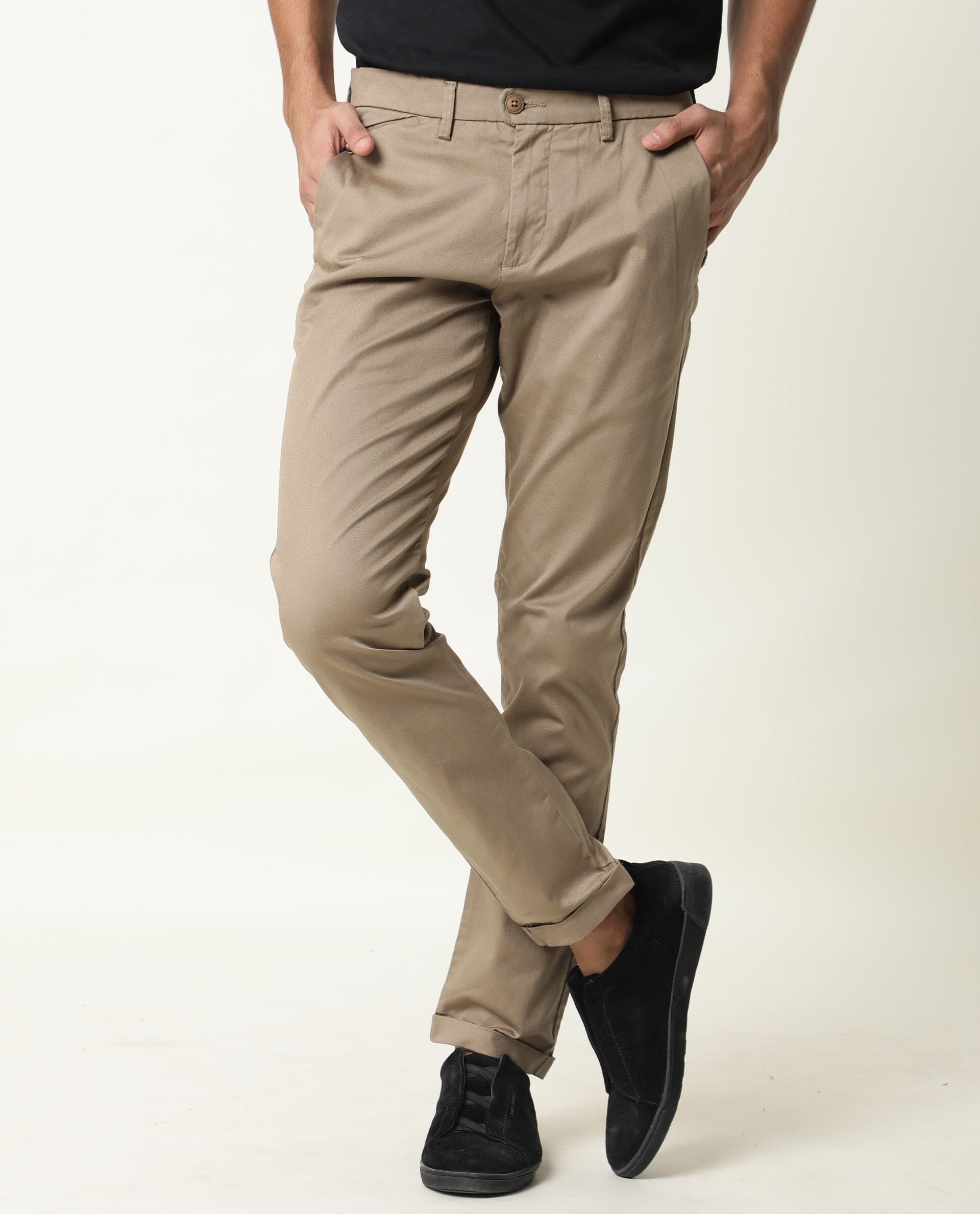Rare Rabbit Men's Aps Olive Solid Mid-Rise Regular Fit Stretch Trouser