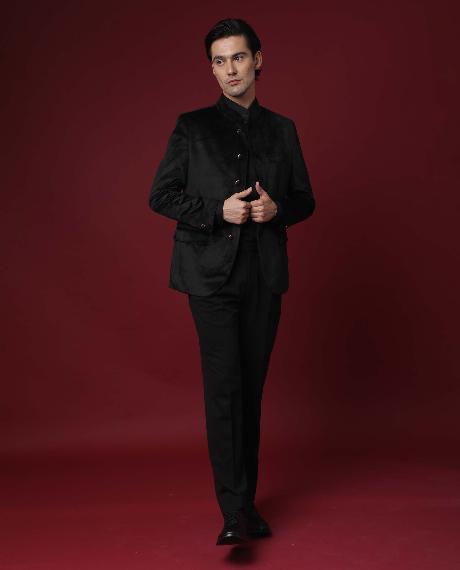 Rare Rabbit Men's Core Black Mandarin Collar Full Sleeves Slim Fit Velvet Bandhgala