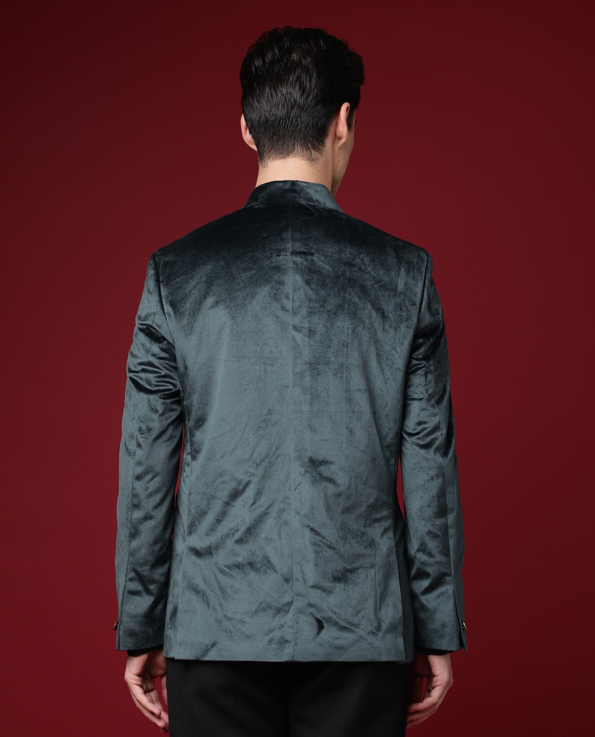 Rare Rabbit Men's Core Primary Green Mandarin Collar Full Sleeves Slim Fit Velvet Bandhgala