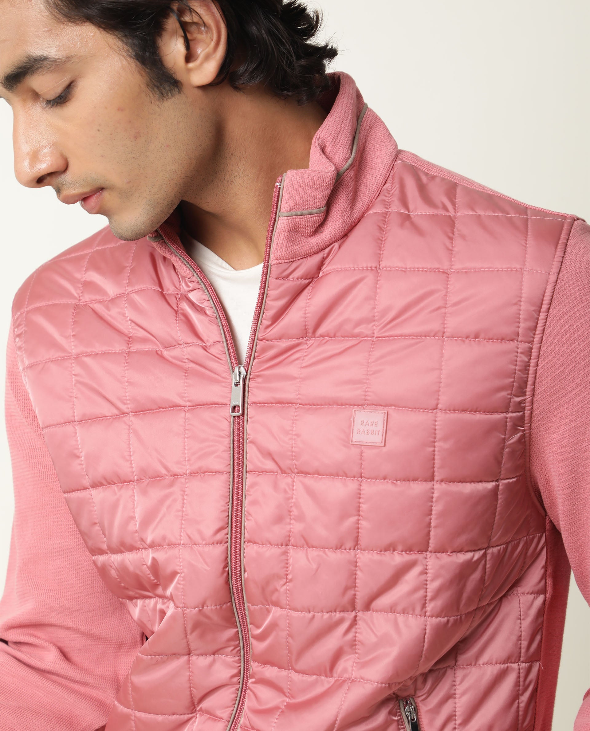 Rare Rabbit Men's Kneto Primary Pink Plain High Neck Puffer Jacket