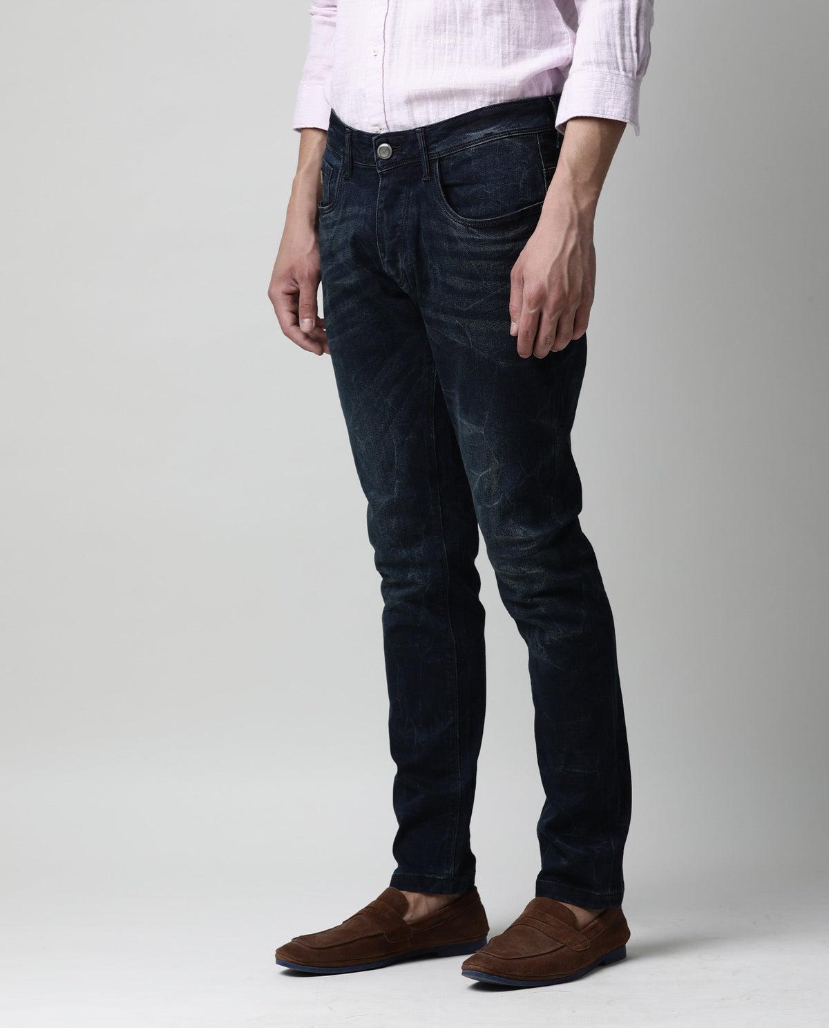 Rare Rabbit Men'S Kobe Blue Jeans Pant Cotton Viscose Fabric Slim Fit Mid-Rise Waist Button & Zip Closure