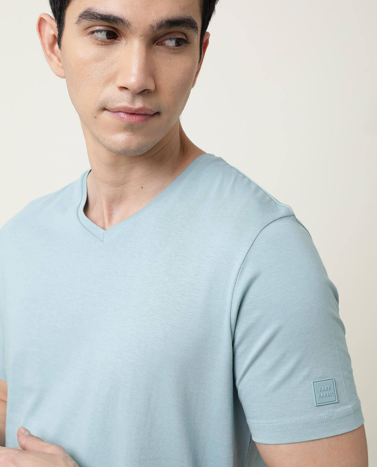 Rare Rabbit Entre Primary Blue Solid V-Neck With Branding on Sleeves Half Sleeves Regular Fit T-Shirt