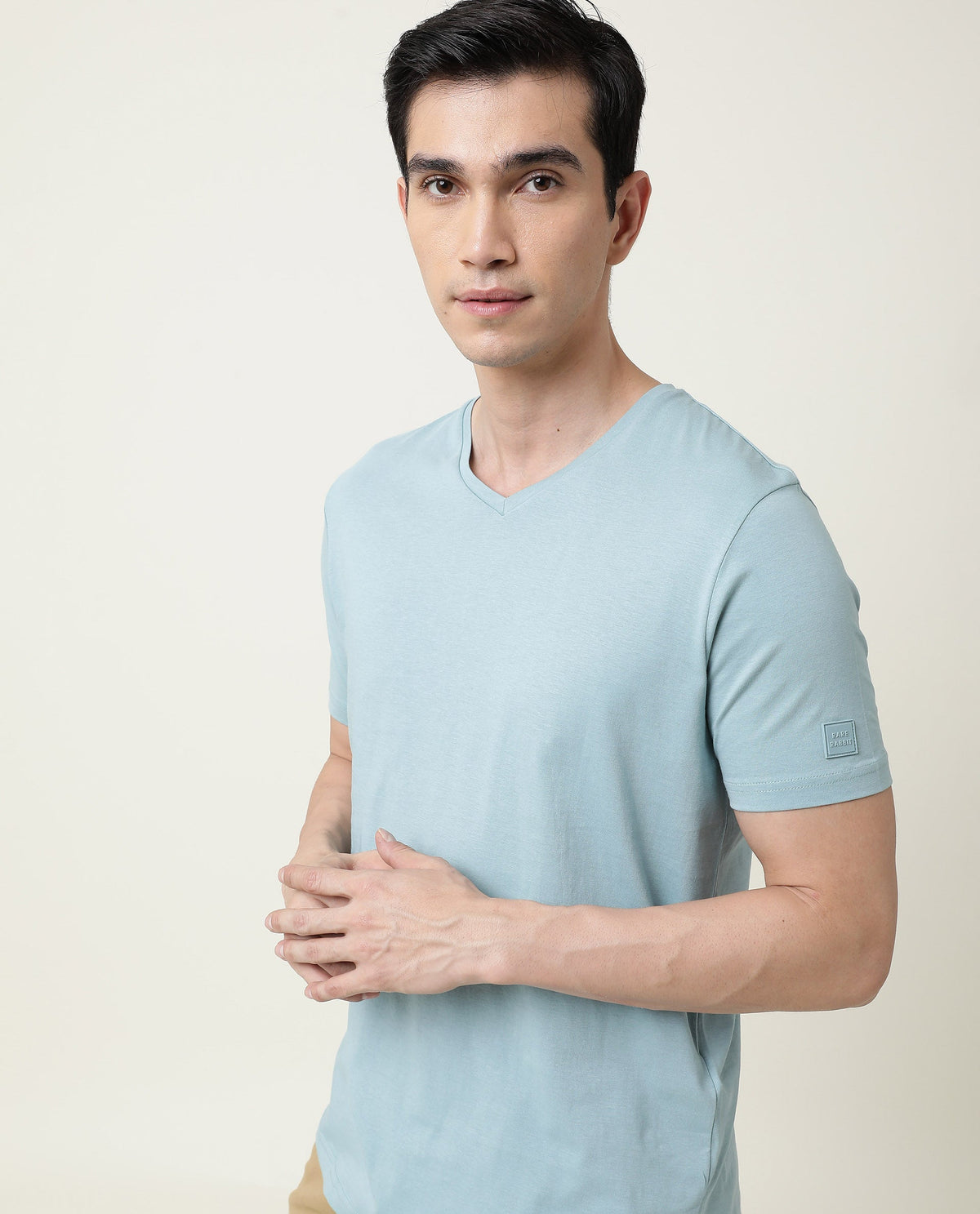 Rare Rabbit Entre Primary Blue Solid V-Neck With Branding on Sleeves Half Sleeves Regular Fit T-Shirt