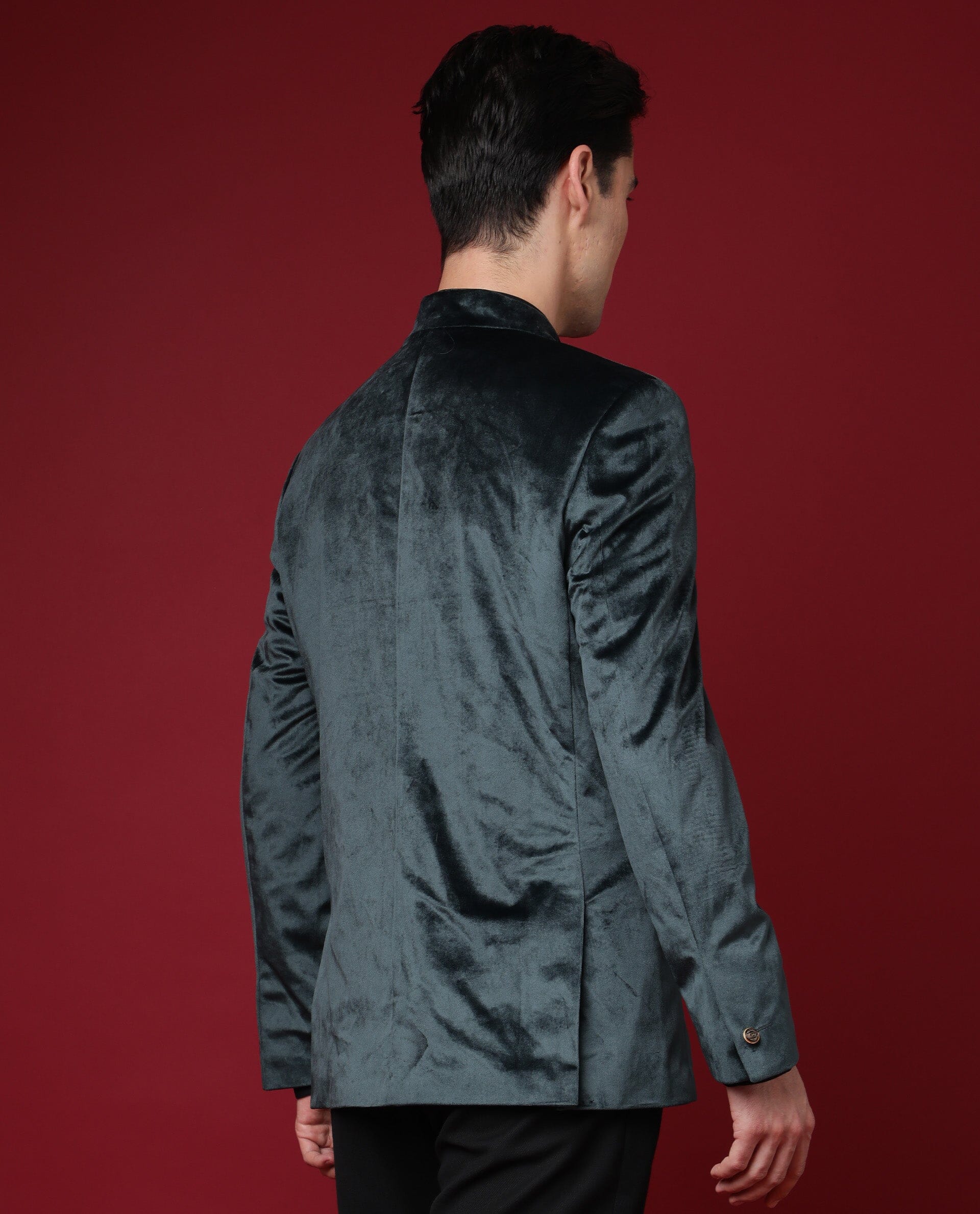 Rare Rabbit Men's Core Primary Green Mandarin Collar Full Sleeves Slim Fit Velvet Bandhgala