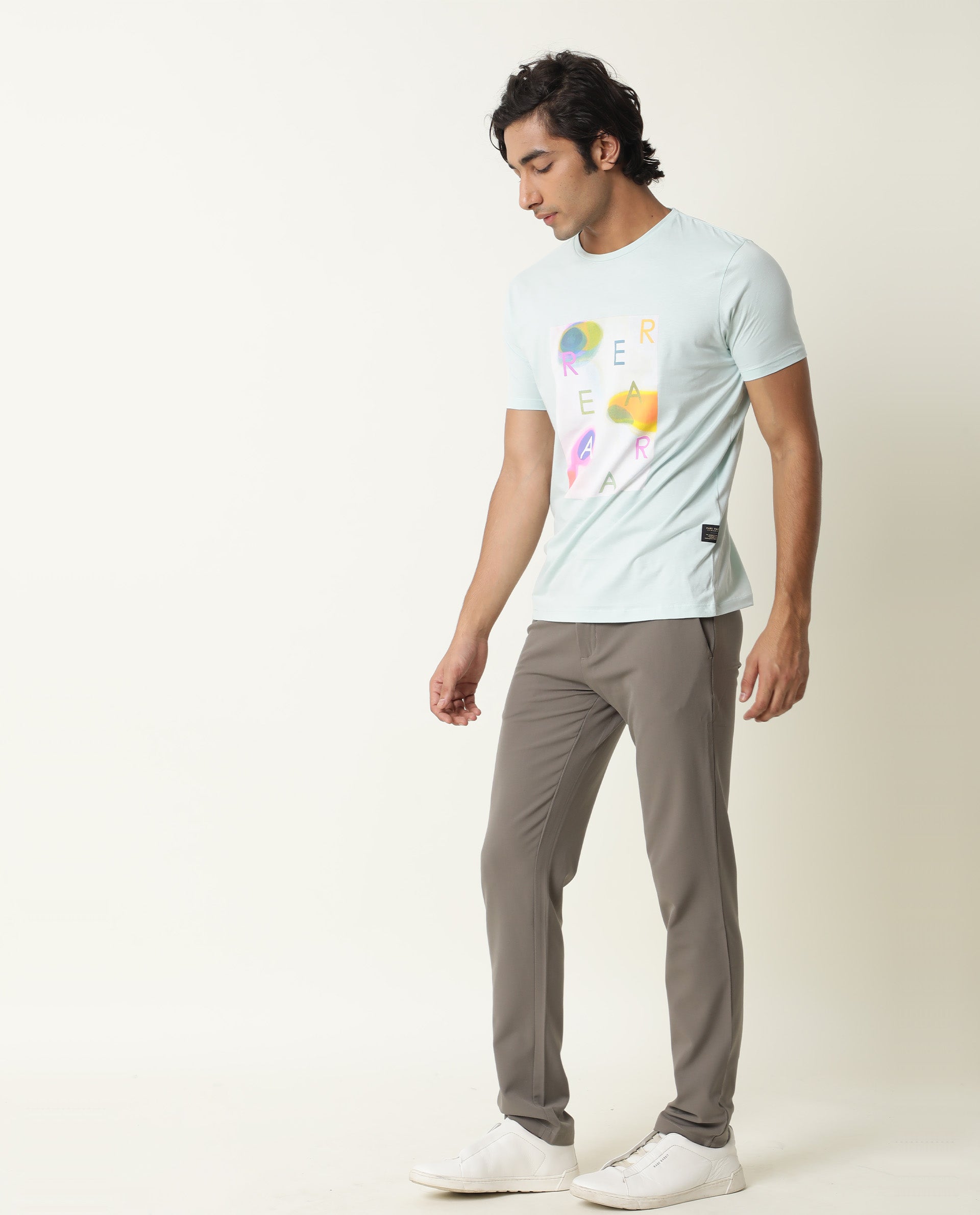 Rare Rabbit Men's Monc Blue Crew Neck Discharge Abstract Print With Branding Half Sleeves Slim Fit T-Shirt