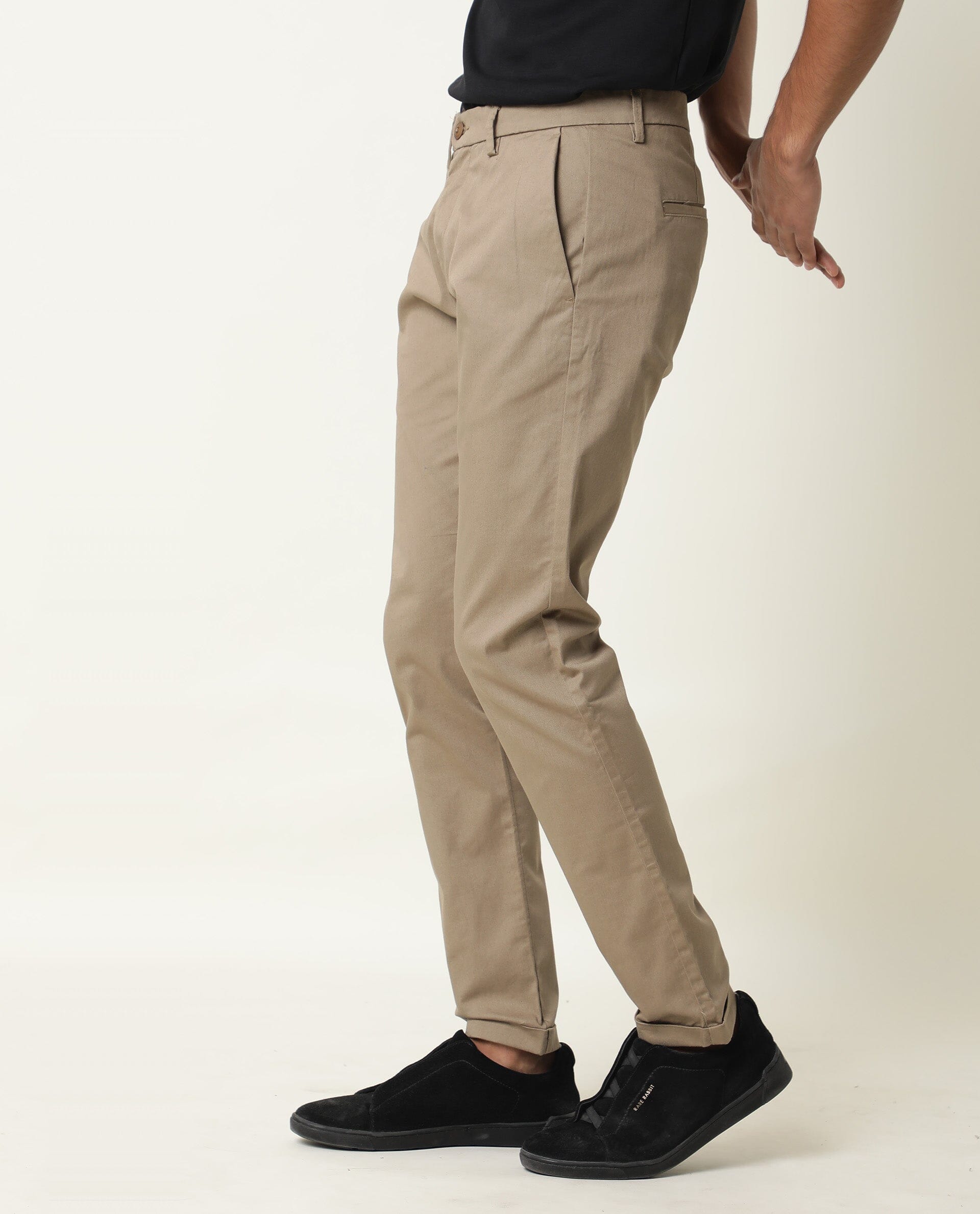 Rare Rabbit Men's Aps Olive Solid Mid-Rise Regular Fit Stretch Trouser