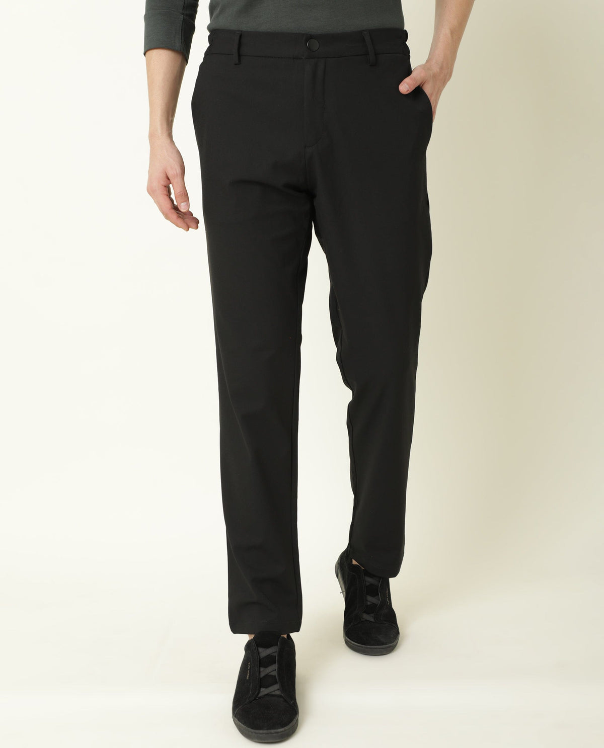 Rare Rabbit Men's Travel-2 Black Solid Mid-Rise Slim Fit Stretch Trousers