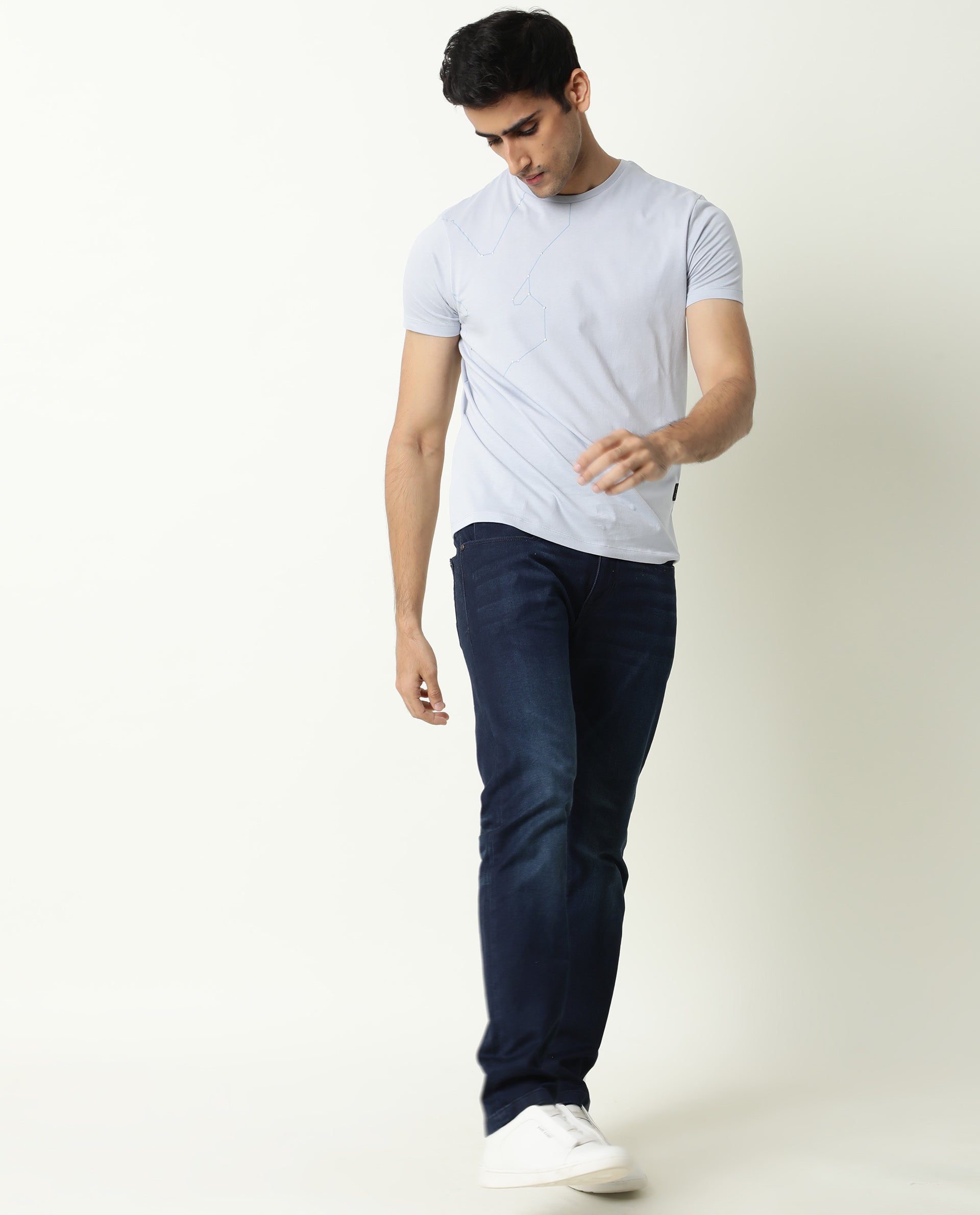 Rare Rabbit Men's Graphs Blue Crew Neck Slim Fit Graphic Printed T-Shirt