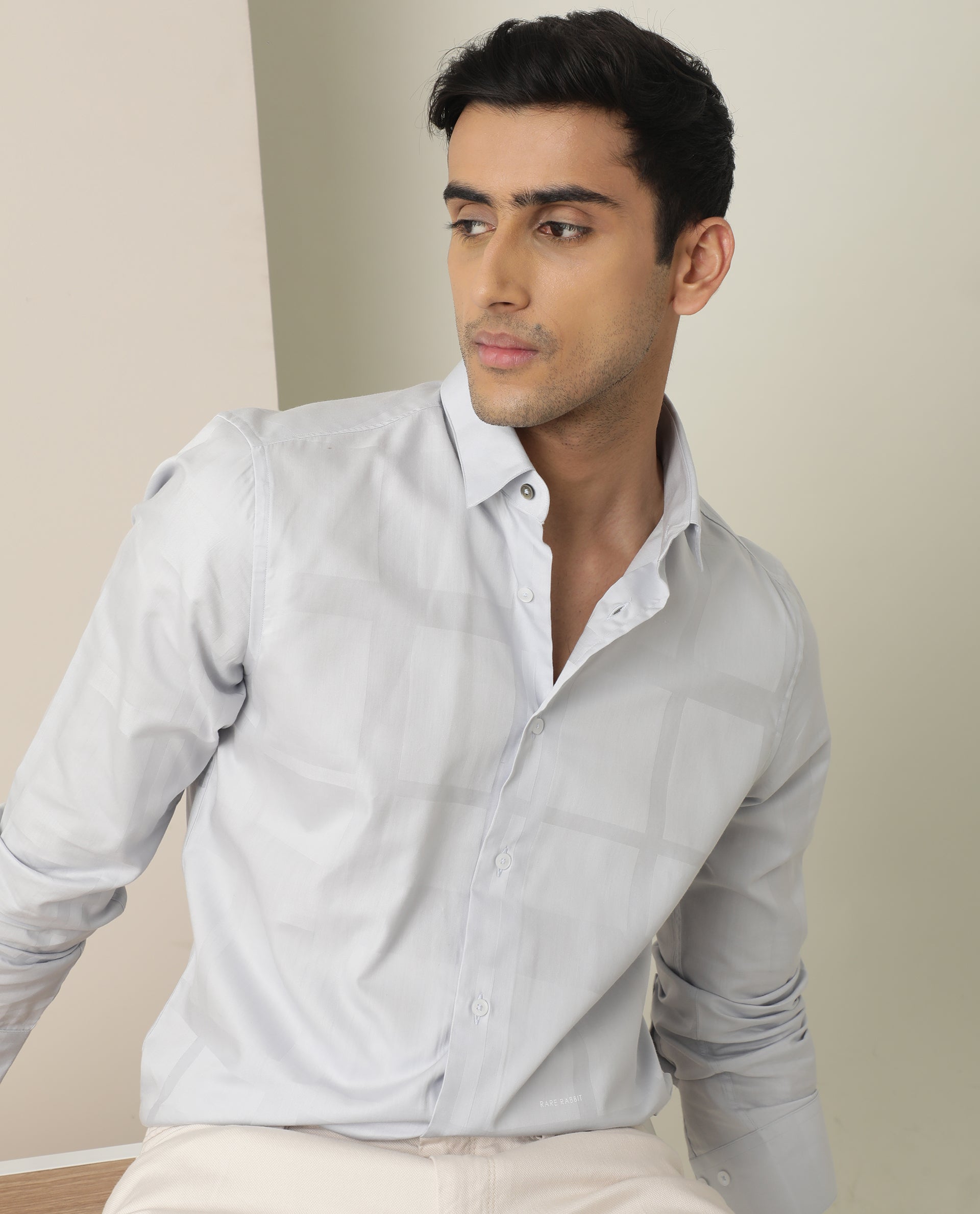 Rare Rabbit Men's Boxline Light Blue Cotton Lyocell Fabric Full Sleeves Checks Print Shirt