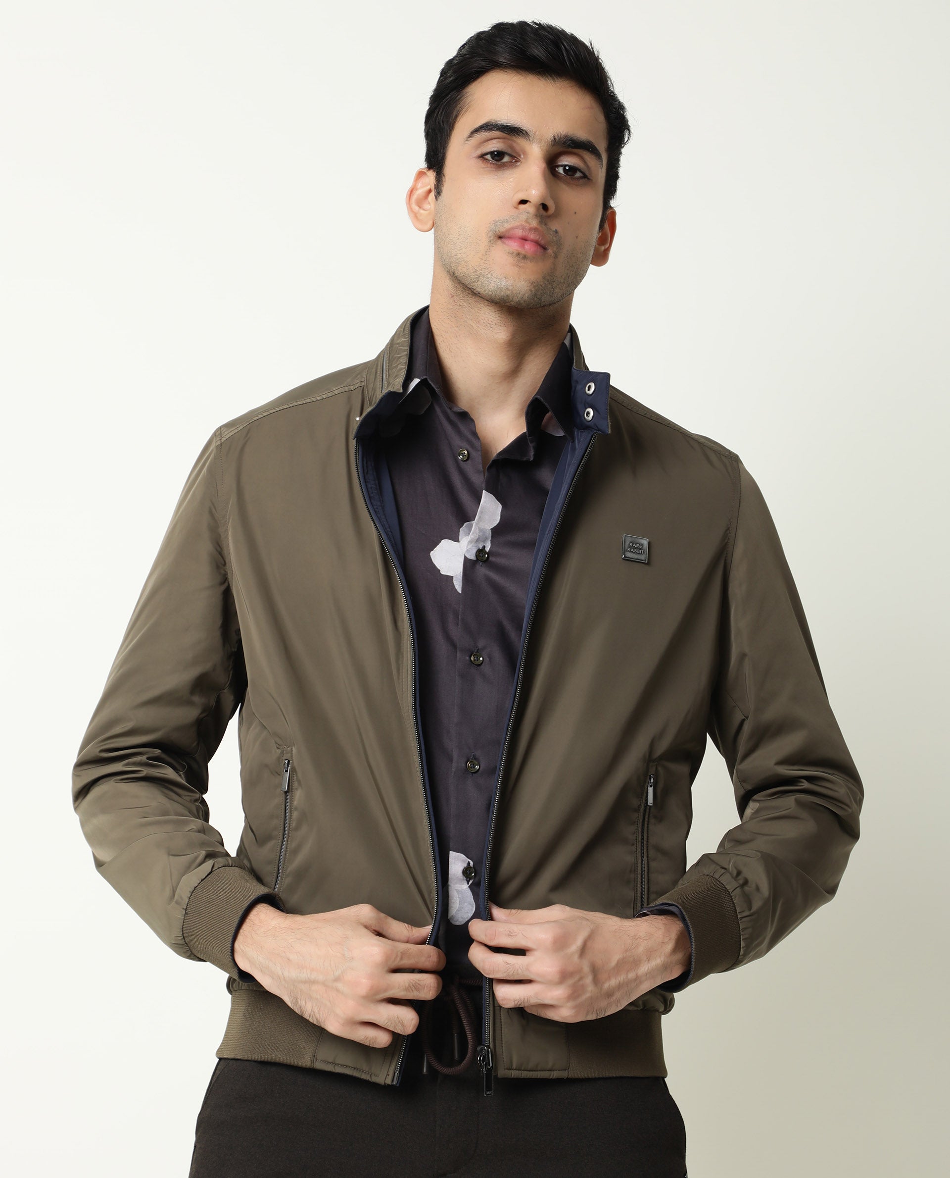 Rare Rabbit Men's Royban Olive Classic Mandarin Collar Bomber Jacket