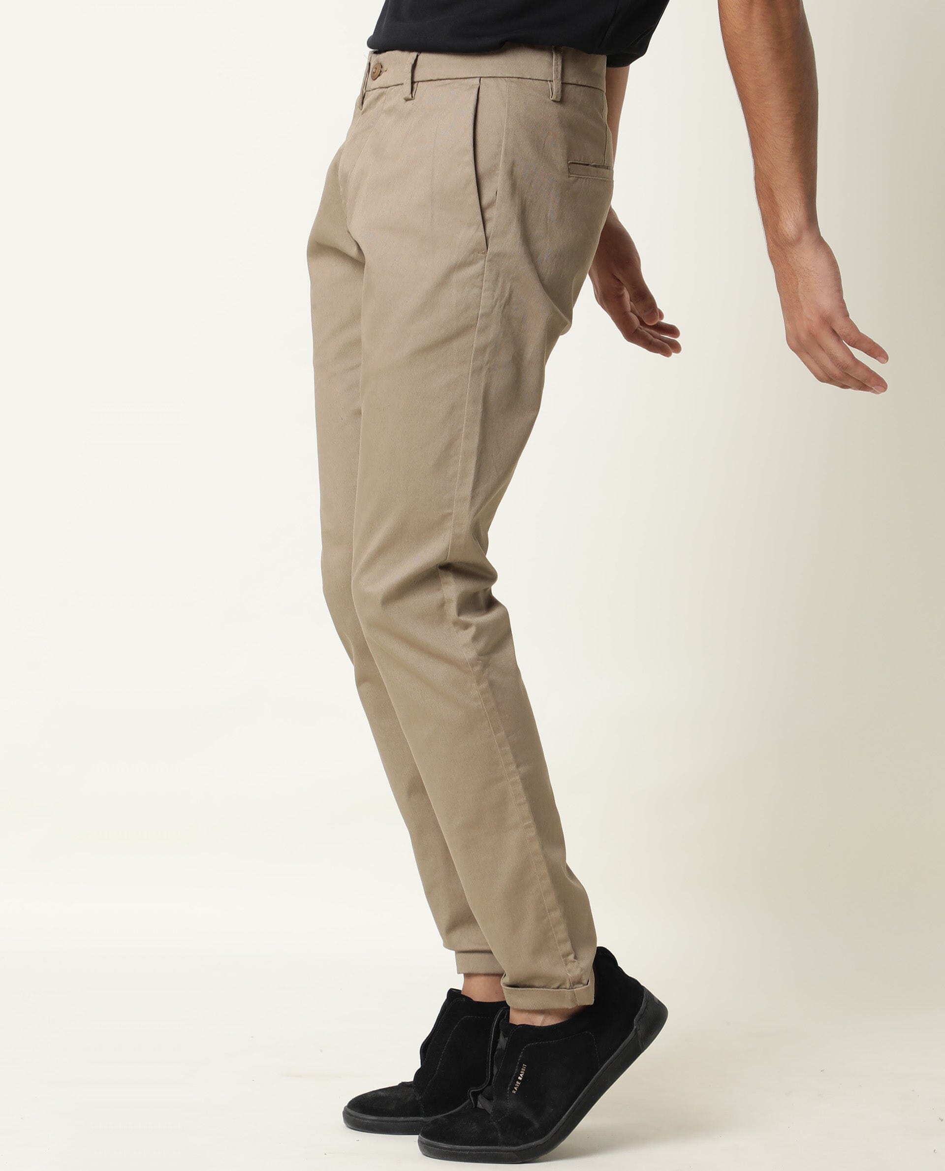 Rare Rabbit Men's Aps Olive Solid Mid-Rise Regular Fit Stretch Trouser